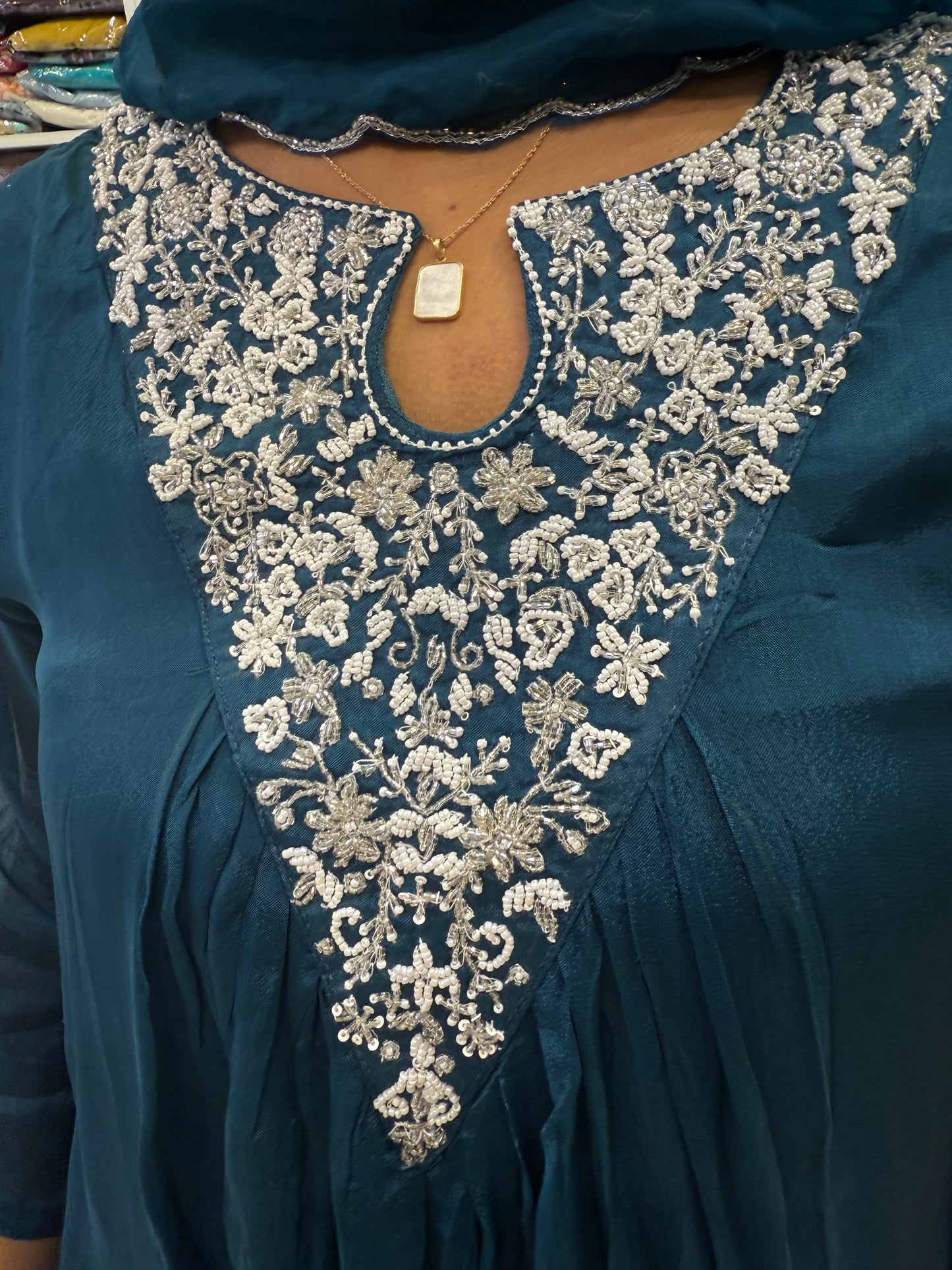Blue Pure Chinnon A-line Kurti With pant and Dupatta