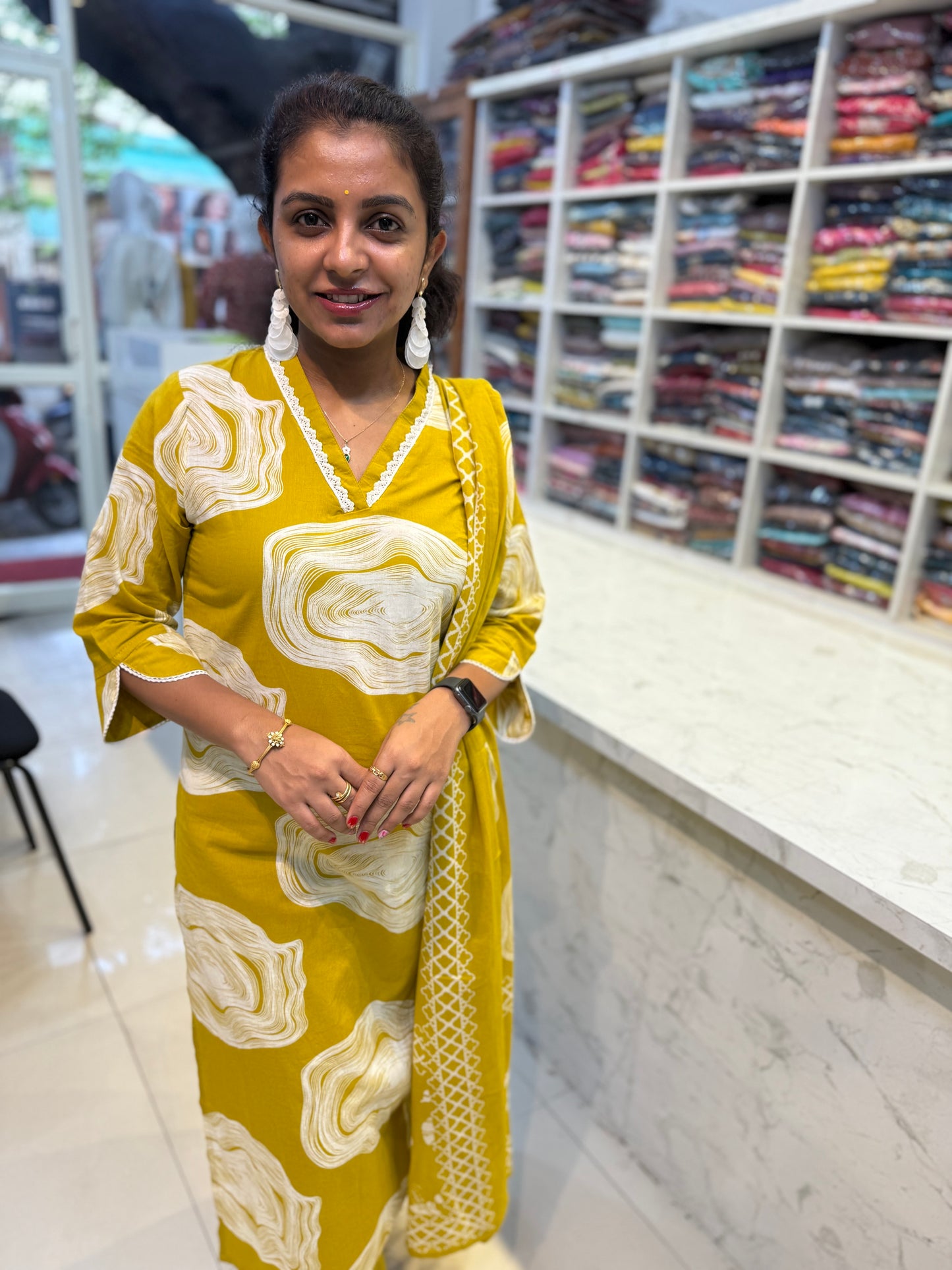 Green Patterned Sleeves Cotton Kurti With Pant and Dupatta