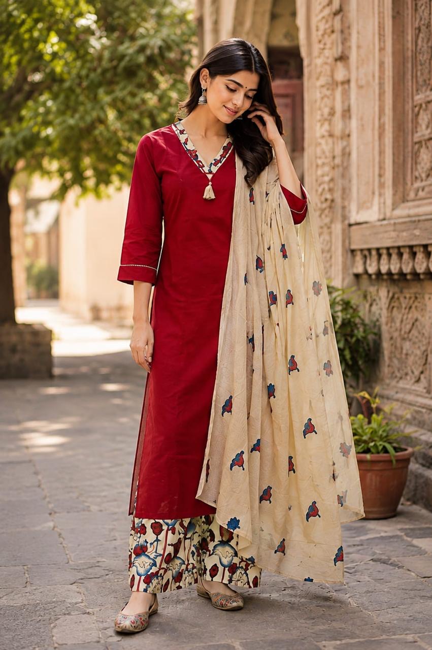 Red Pure Cotton Kurti With Printed Pant and Applique Dupatta -HSC1264