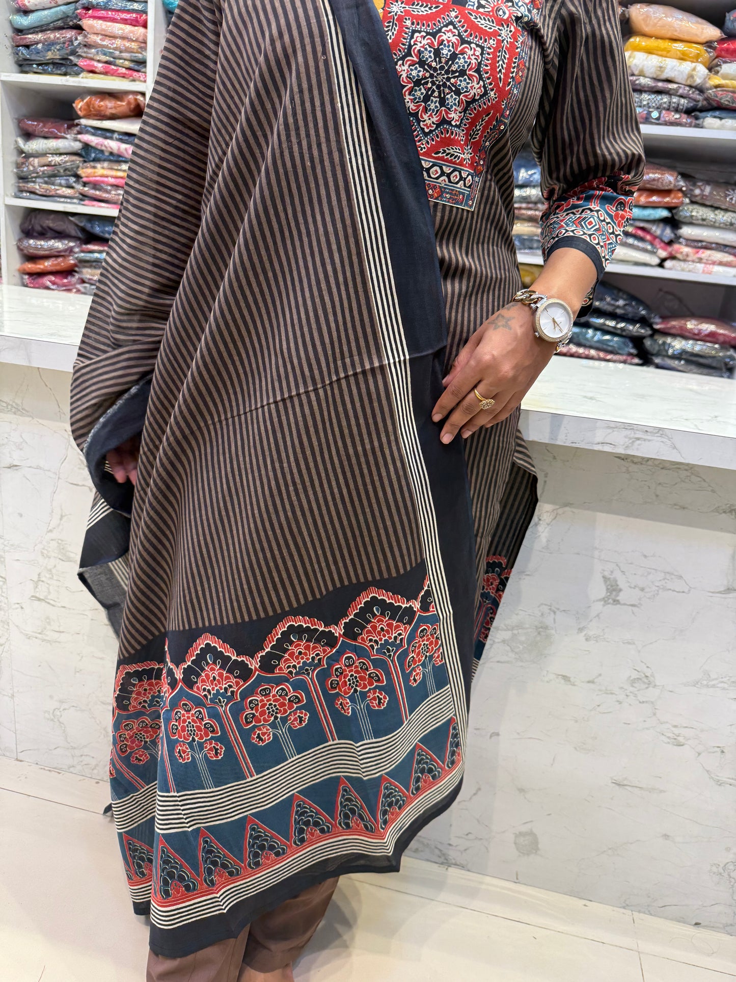 Black Printed Stripes Kurti With Pant and Dupatta