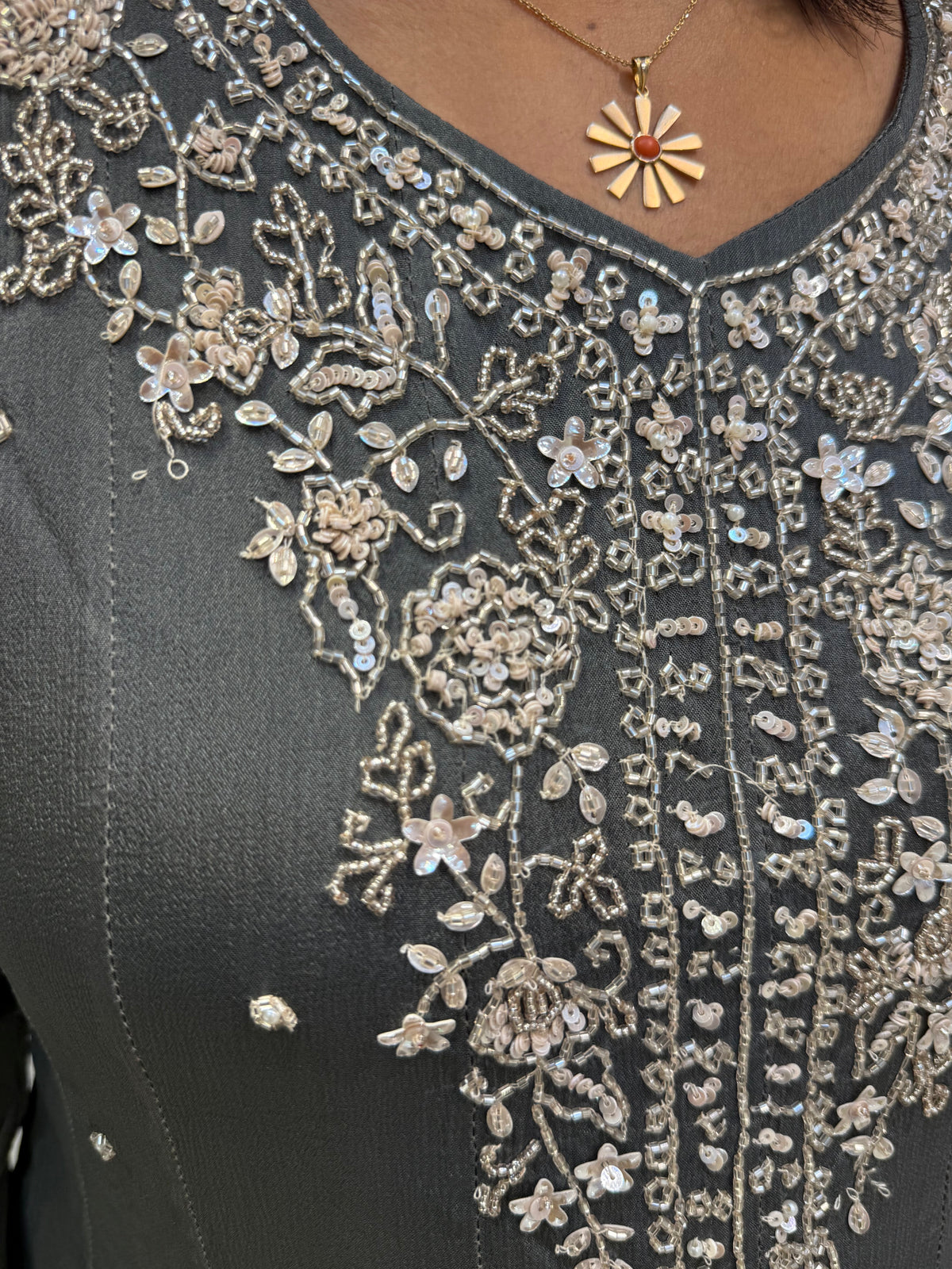 Grey Pure Chinnon Anarkali Hand Embroidery Kurti With Pant and Dupatta - HSC1177