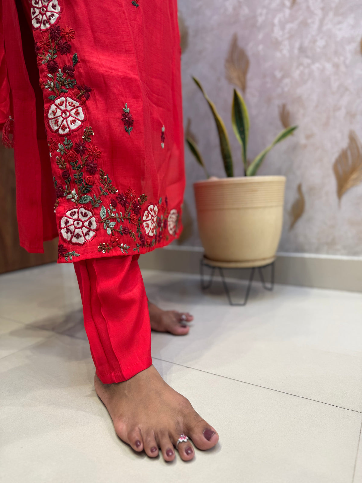 Red Hand Embroidery Pure Silk Kurti With Pant and Dupatta -HSC1240
