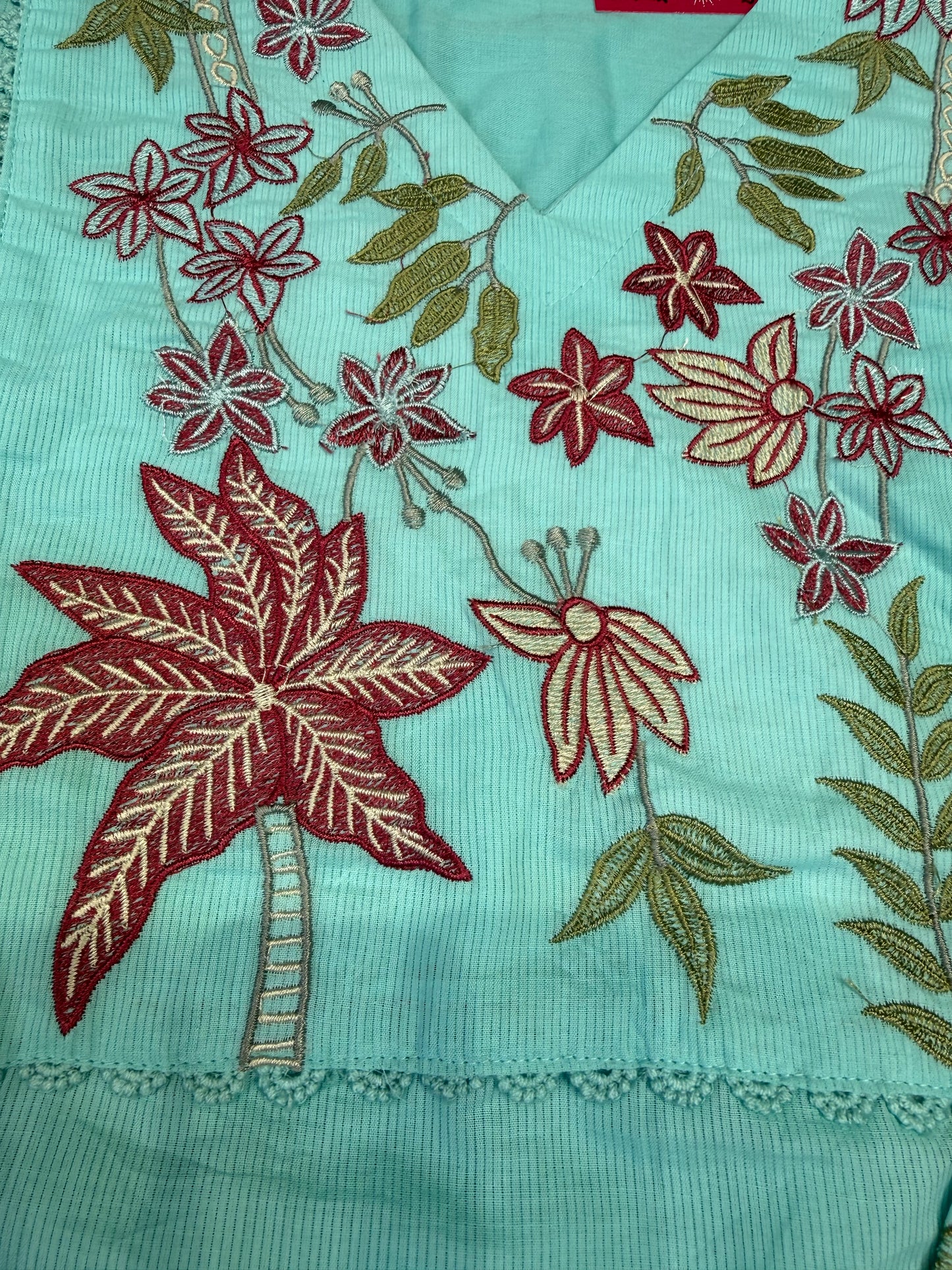 Pastel Blue Embroidery Pure Cotton Kurti With Pant and Scallop Cut Work Dupatta