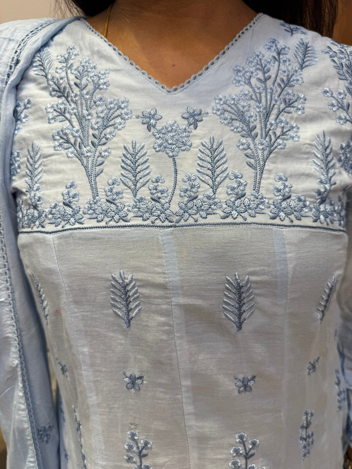 Sky Blue Mul Cotton Embroidery A-line Kurti With Pant and Dupatta -HSC1254