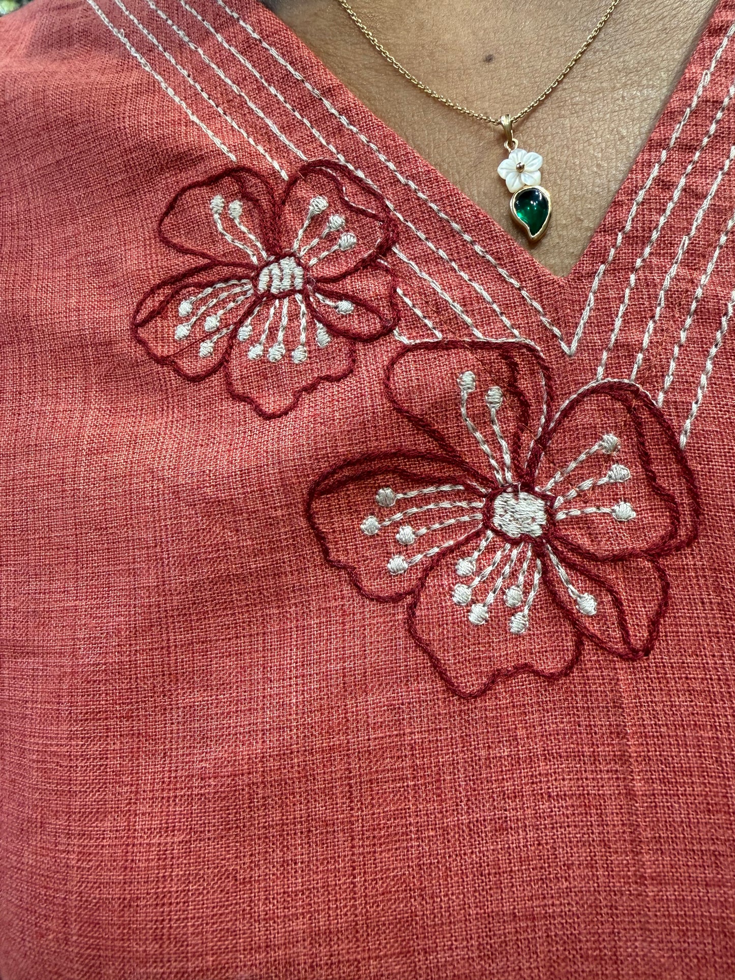 Coral Pink Embroidered Pure Cotton Straight Cut Kurti