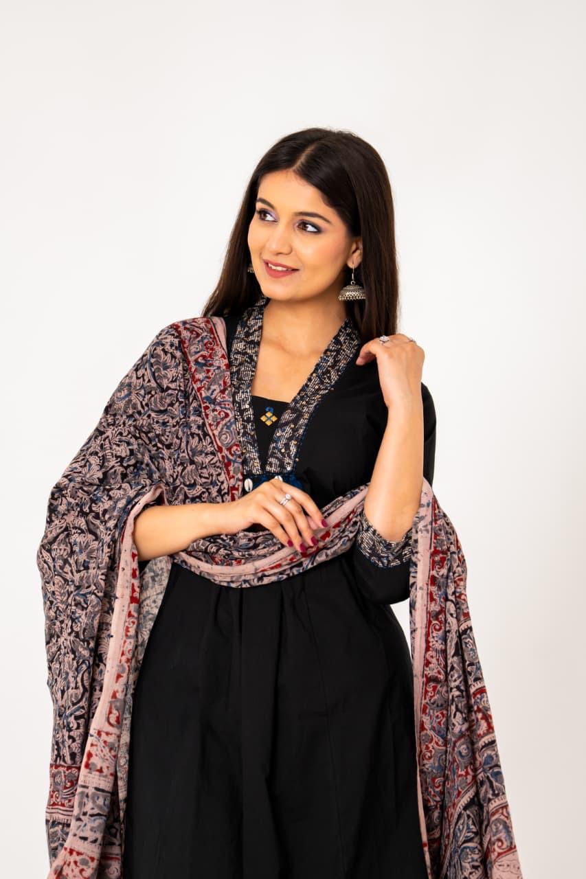 Kalamkari Pure Cotton A-line Kurti with Pant and Dupatta