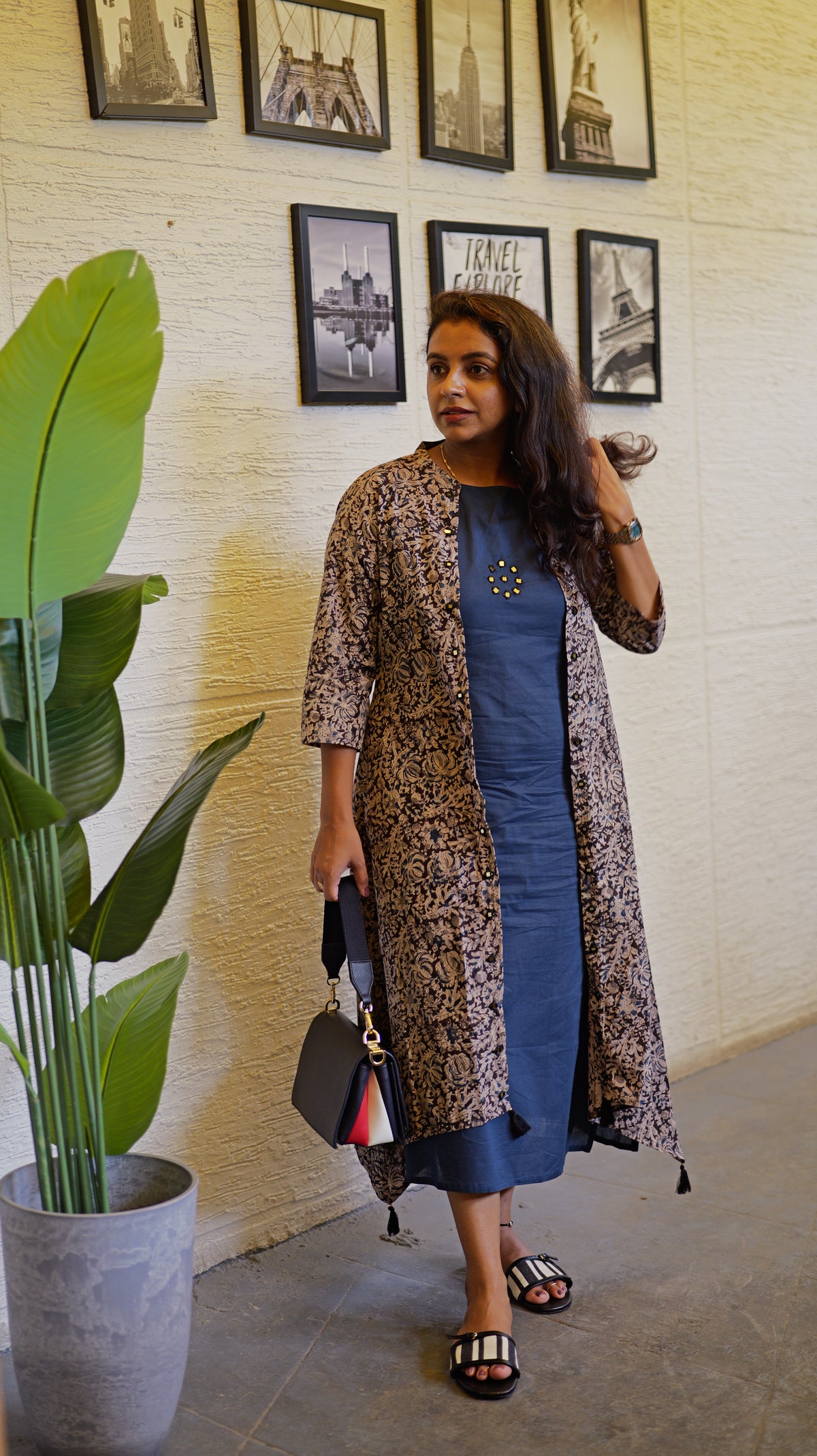 Kalamkari Navy Blue Printed A-line Dress -HSC1265