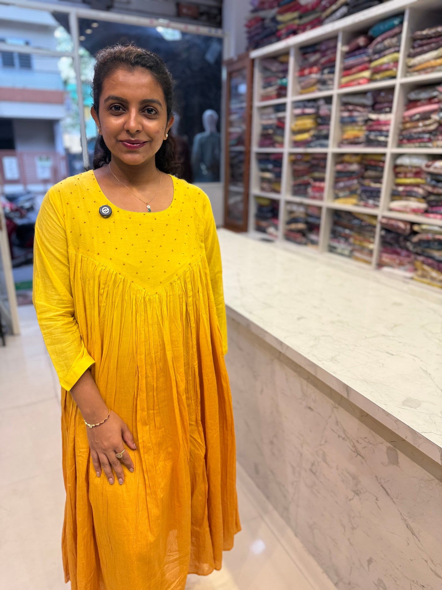 Dual yellow Mustard Mul Cotton Gown-HSC172