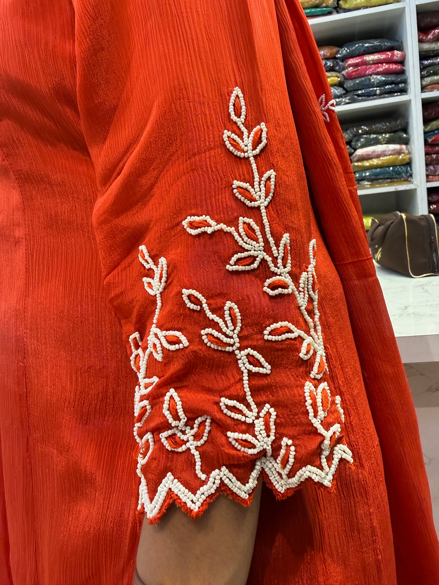 Rust Orange Pure Chinnon Hand Embroidery Kurti With Pant and Dupatta-HSC134
