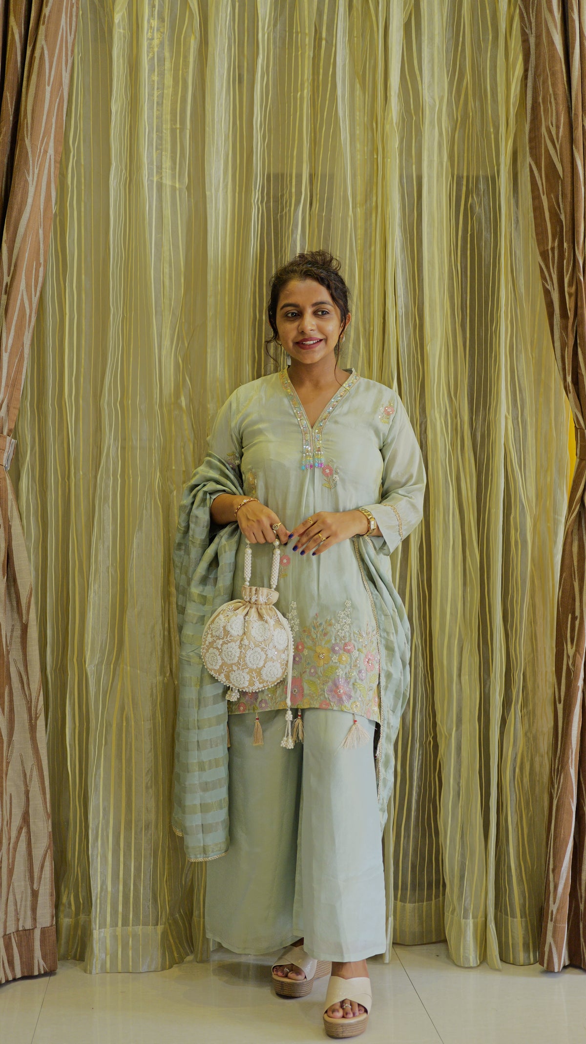 Sky Blue Tissue Silk Kurti With Pant and Dupatta -HSC1244