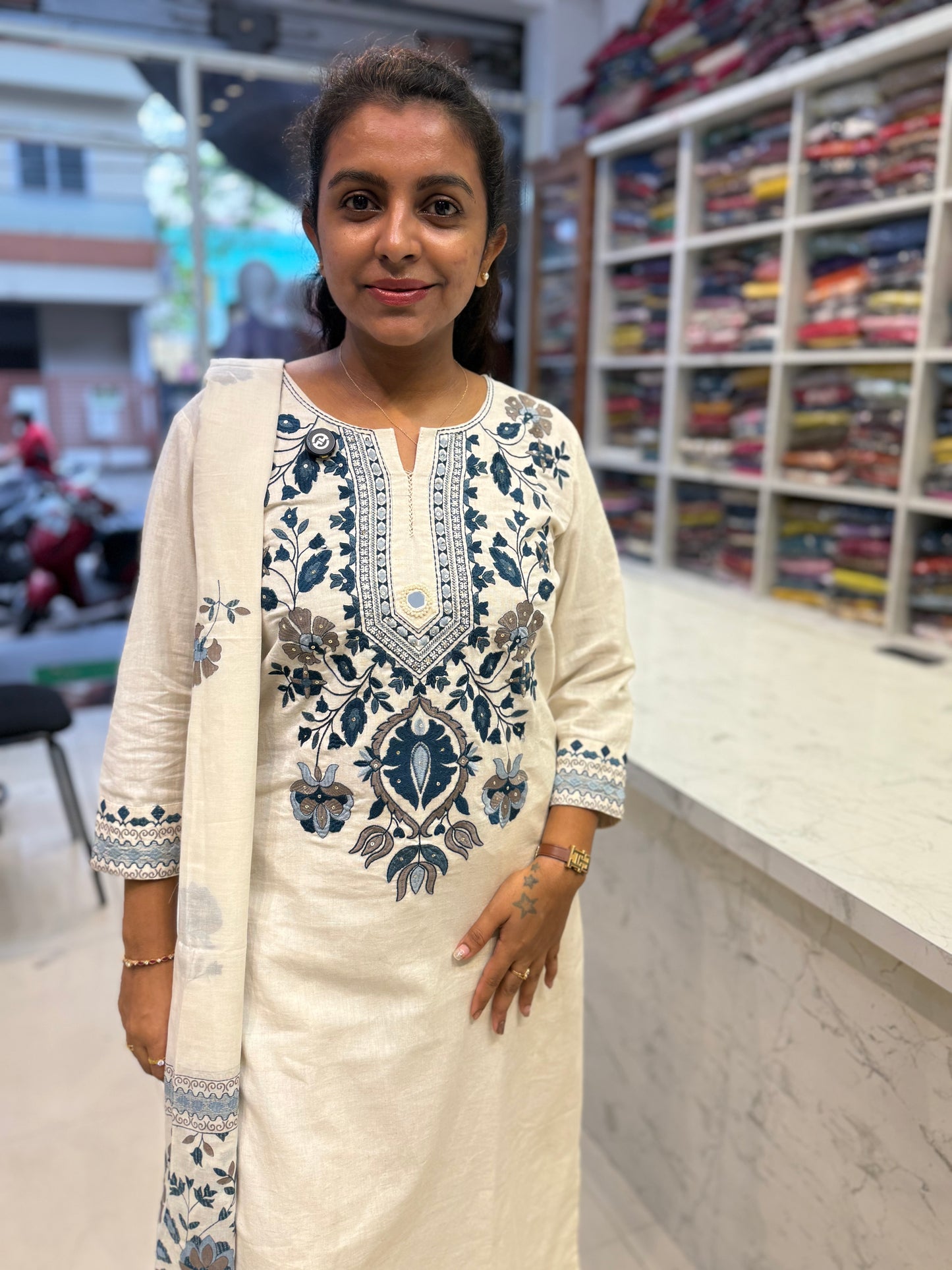 Half white Embroidered Kurti With Pant and Dupatta -HSC1125