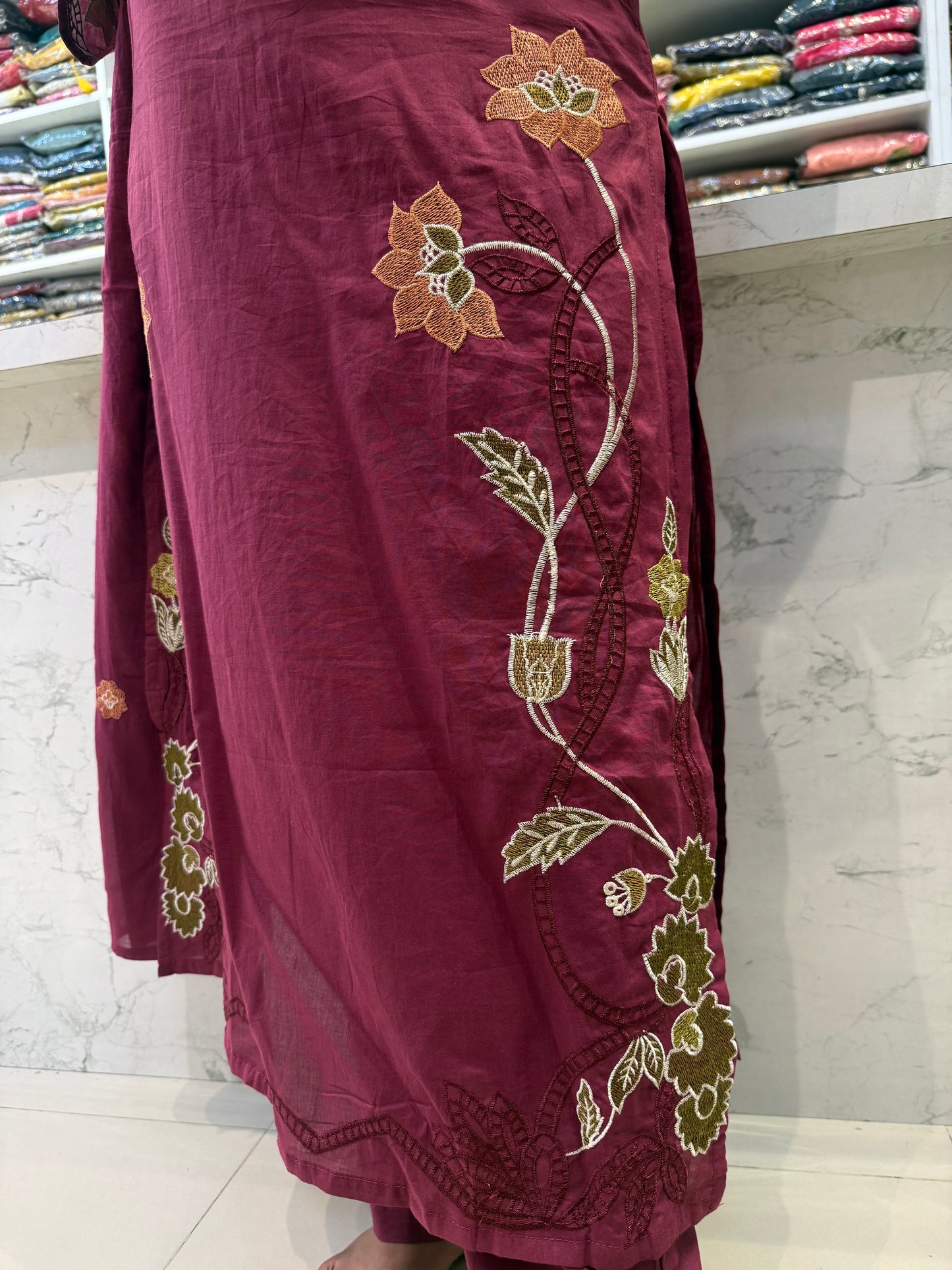 Magenta Floral Cutwork Cotton Kurti With Pant and Dupatta-HSC136