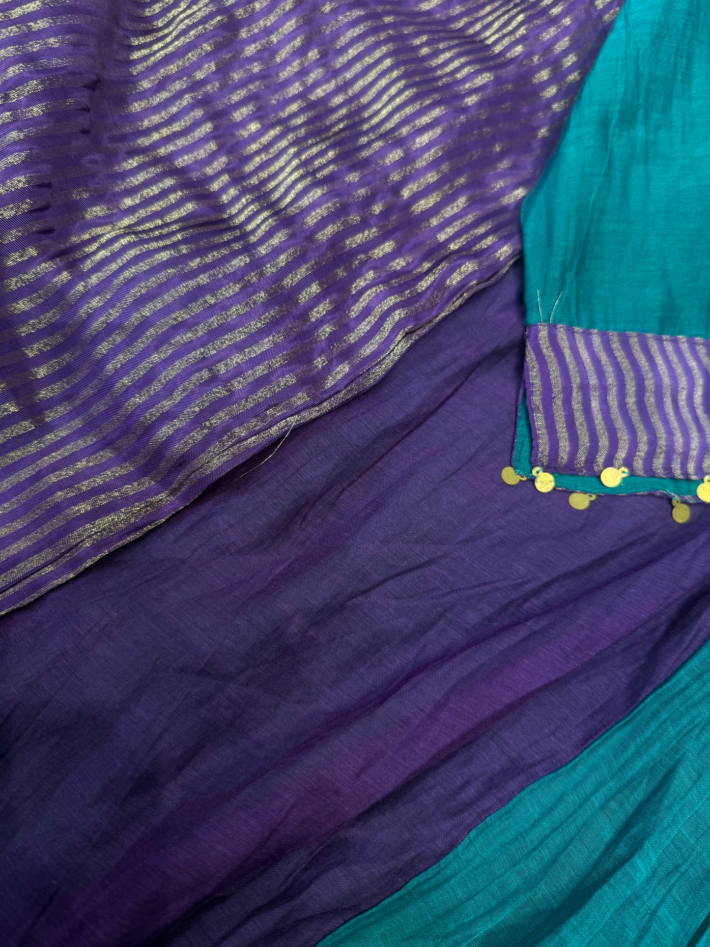 Blue with Purple Pure Banarasi Mul Chanderi Kurti With Pant and Dupatta