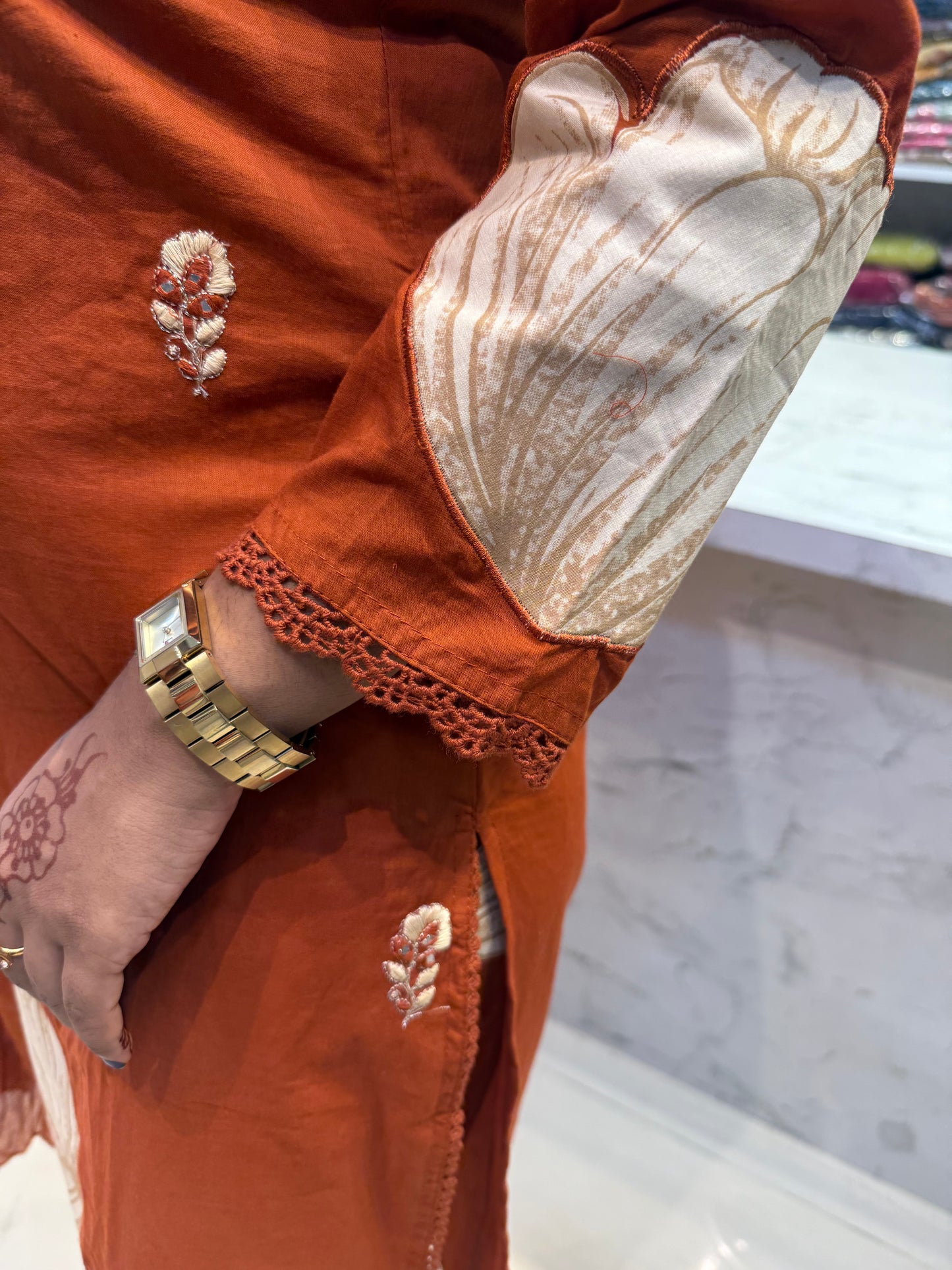 Appliqué Work Cotton Kurti With Pant and Dupatta