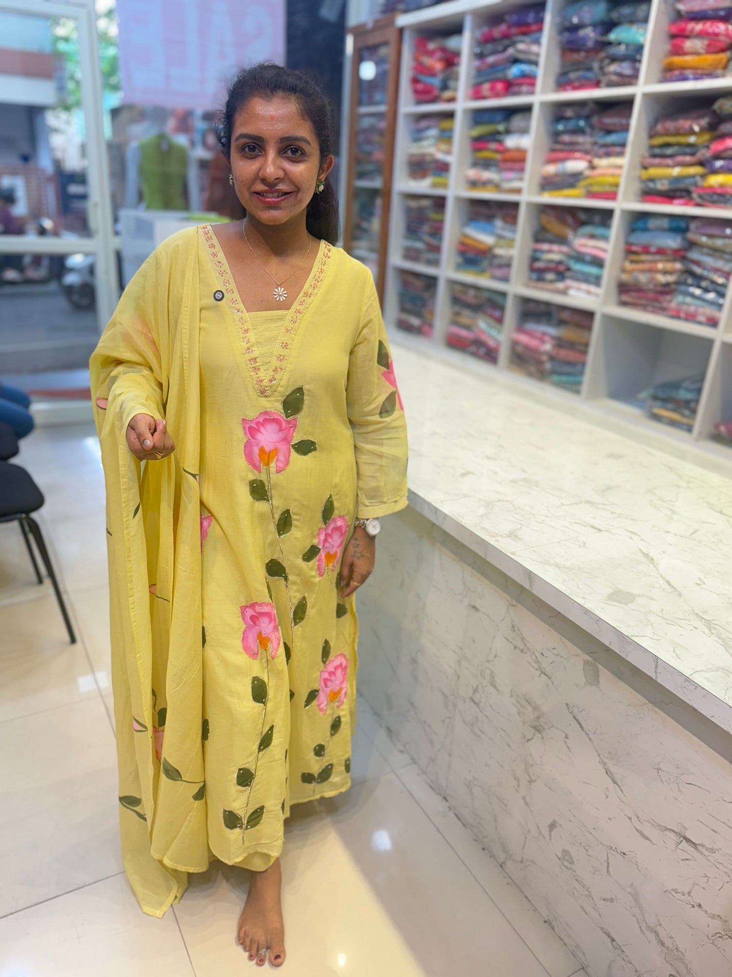 Hand Painted Mul Chanderi Kurti With Pant and Dupatta