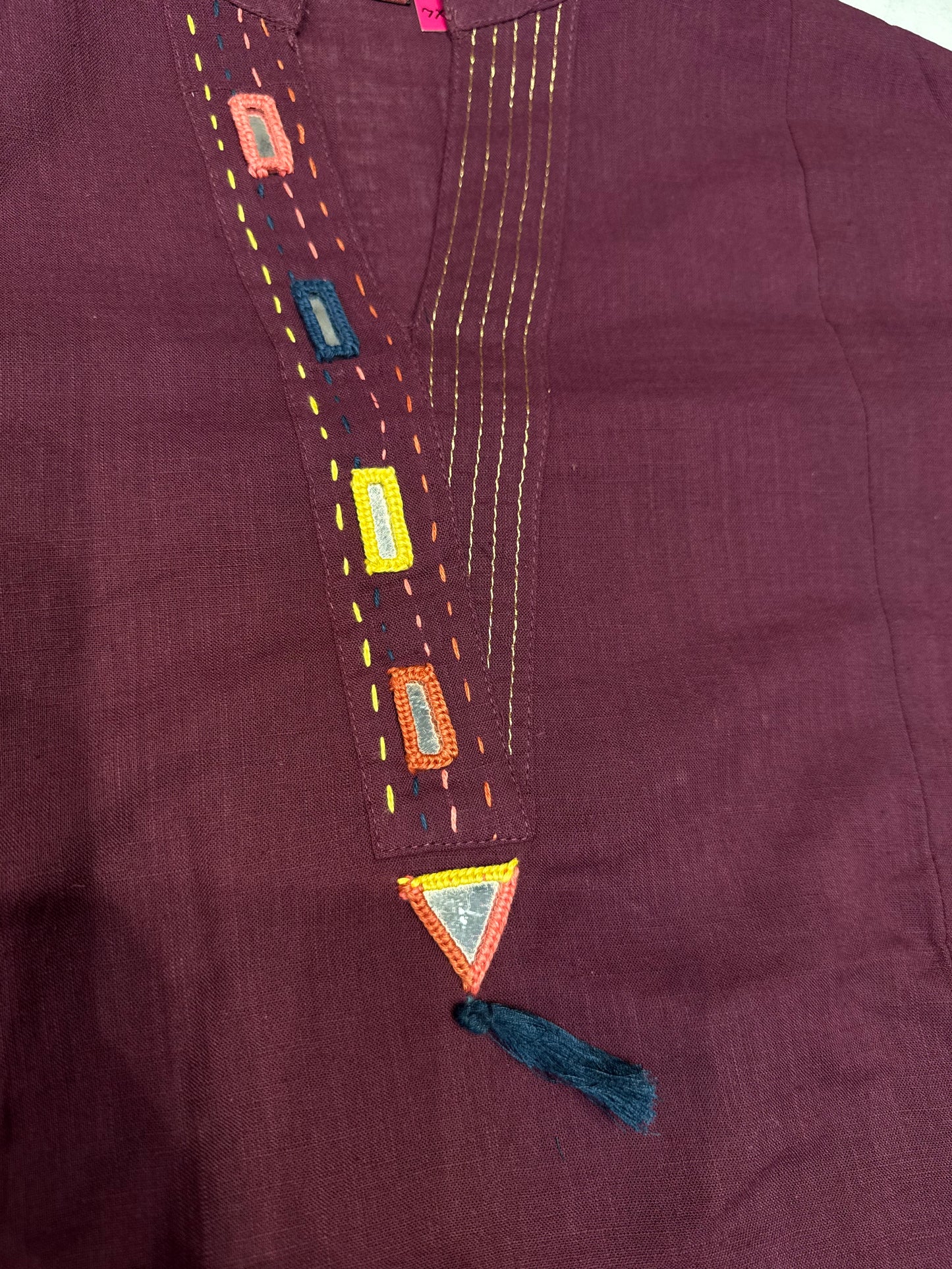 Wine Hand Embroidery Pure Cotton Kurti With Pant