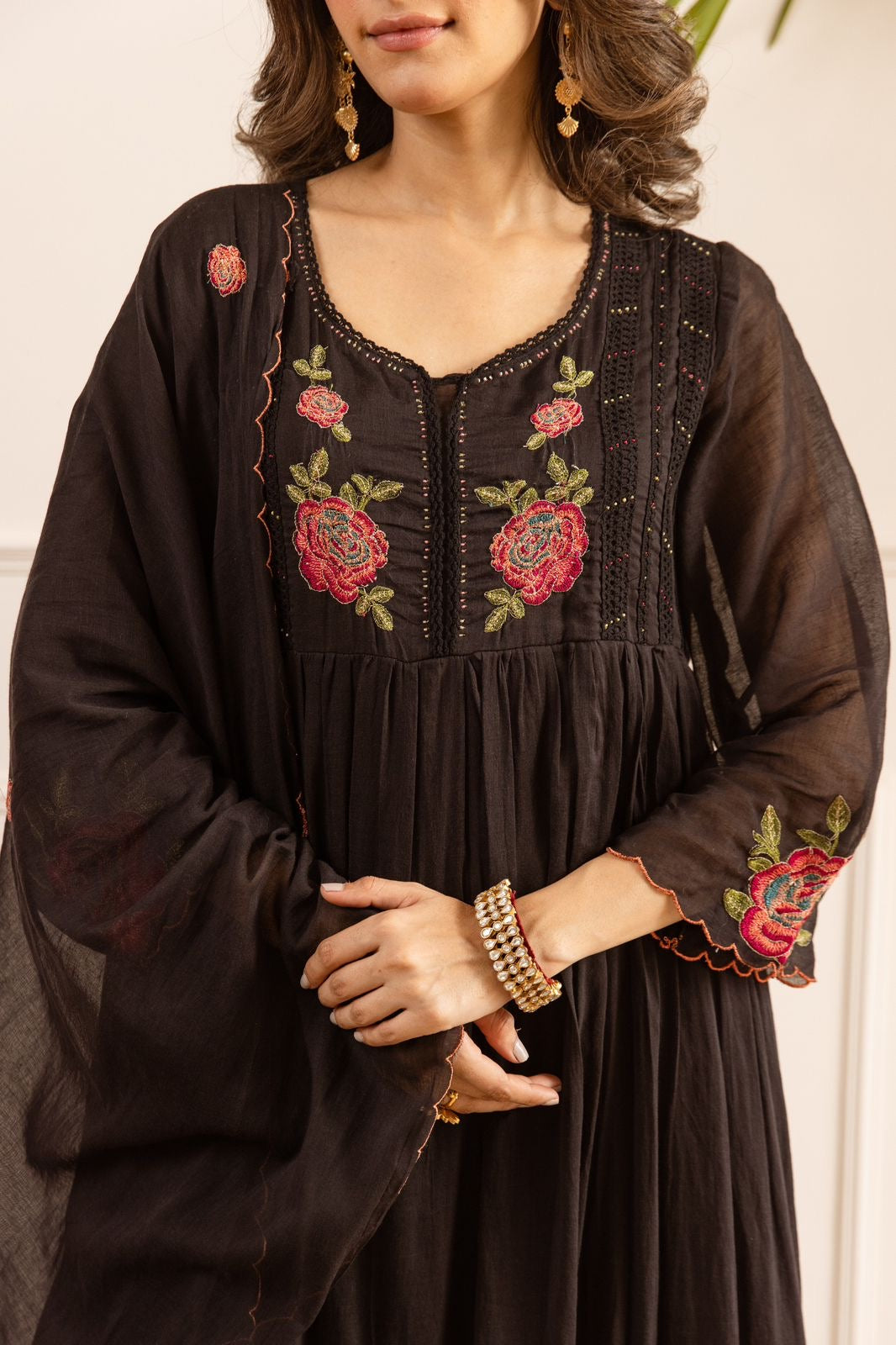 Black Flared Mul Cotton Embroidered Suit-HSC151