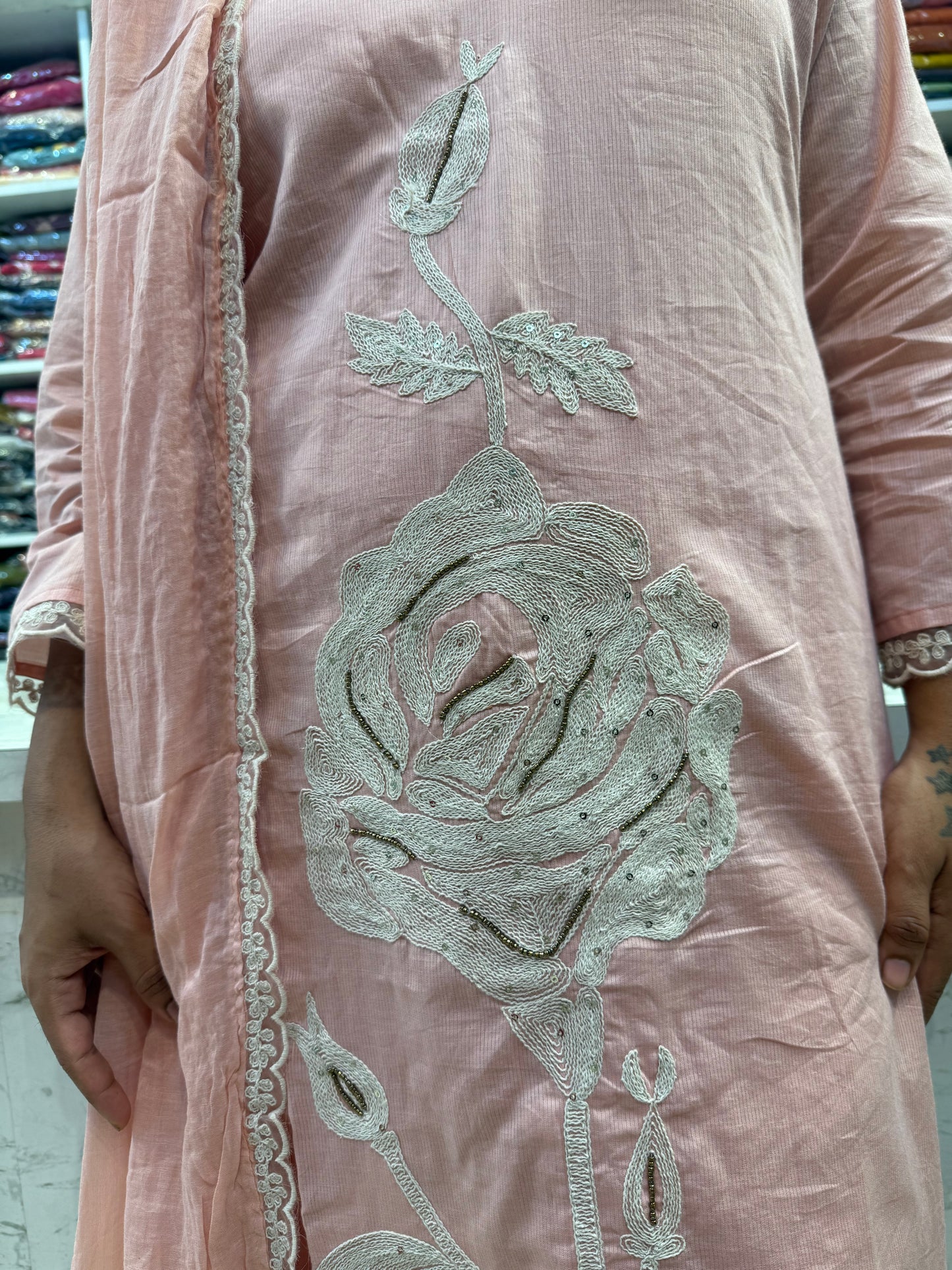 Pure Mul Cotton Lace Embroidery Kurti With Pant and Dupatta