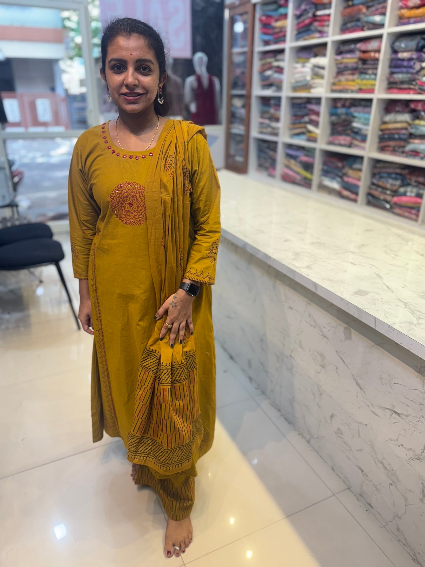 Mustard A-line Pure Cotton Block Print Salwar Suit