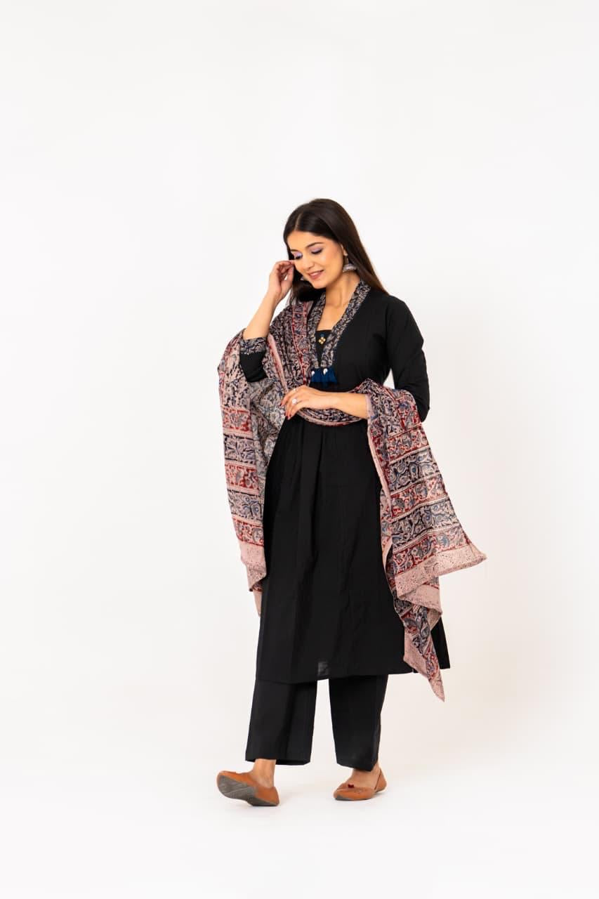 Kalamkari Pure Cotton A-line Kurti with Pant and Dupatta
