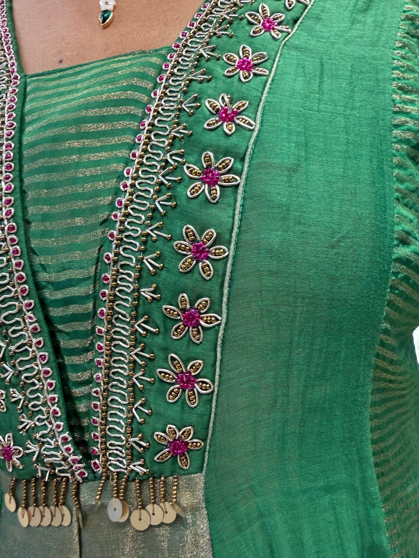 Green Pure Banarasi Mul Chanderi A-line Kurti With Pant and Dupatta-HSC167