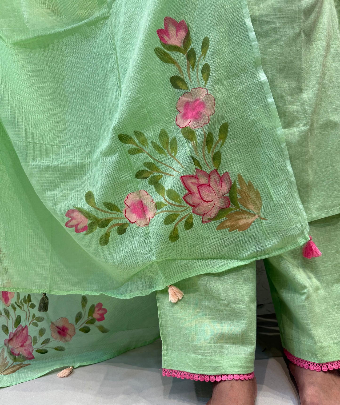 Green Hand Panited Green Kurti With Pant and Dupatta-HSC109