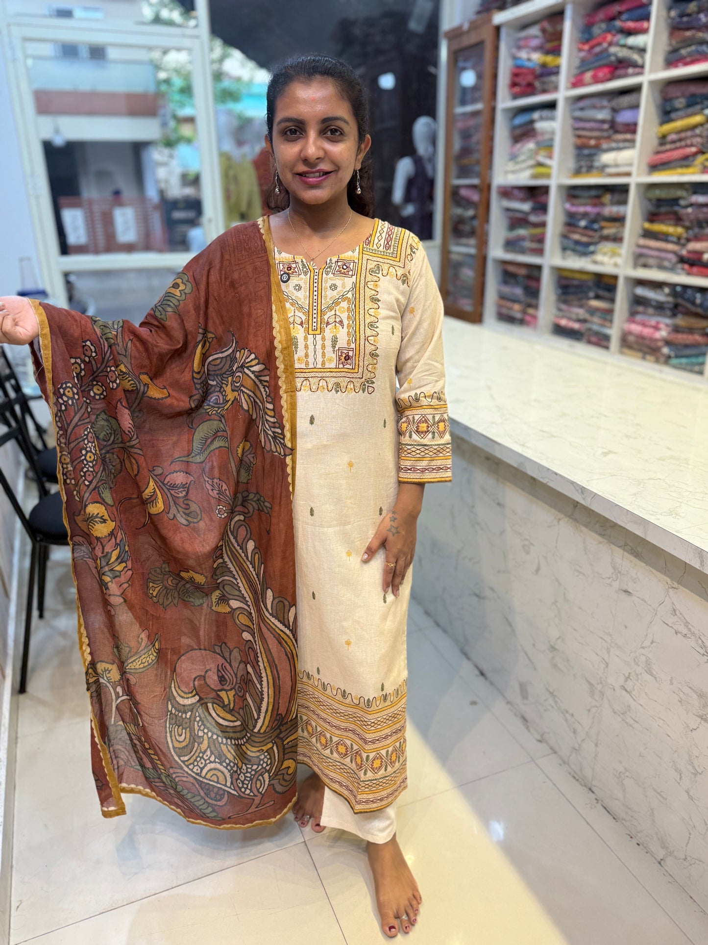 Kalamkari Cotton Kurti With Pant and Dupatta