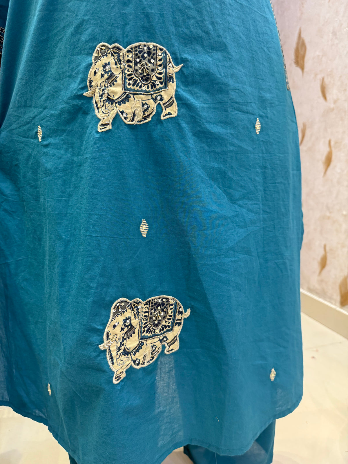 Elephant Embroidered Pure Cotton Kurti With Pant Printed Dupatta - HSC1184