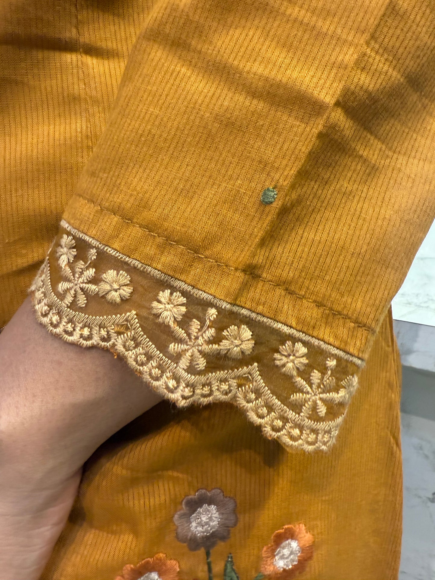 Mustard Thread Embroidery Lace Kurti With Pant and Dupatta