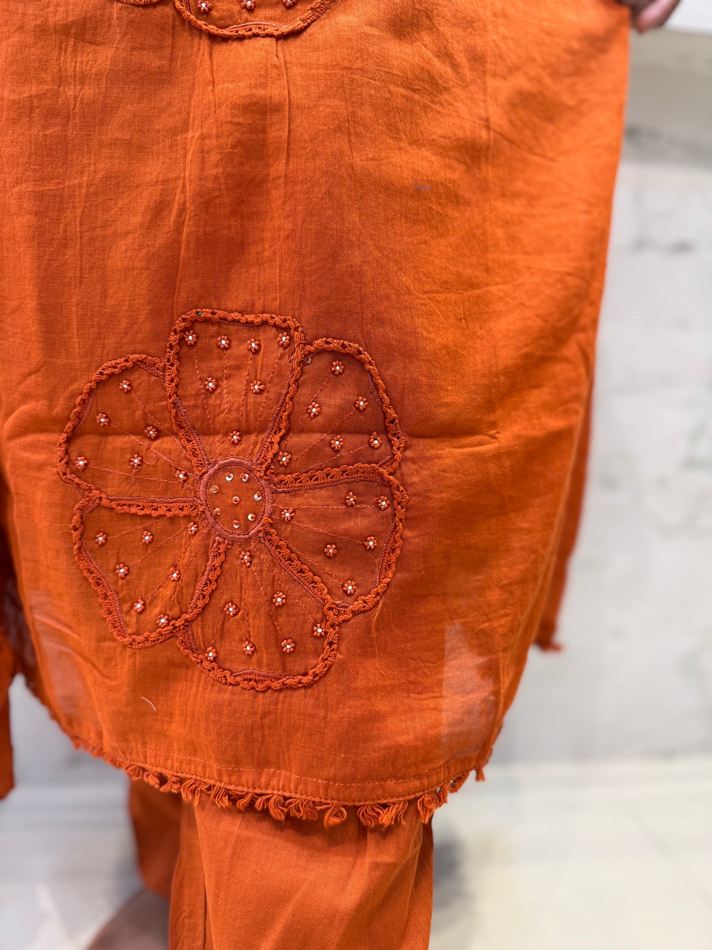 Rust Orange Pure Mul Cotton Embroidery Flower Kurti With Pant and Dupatta-HSC78