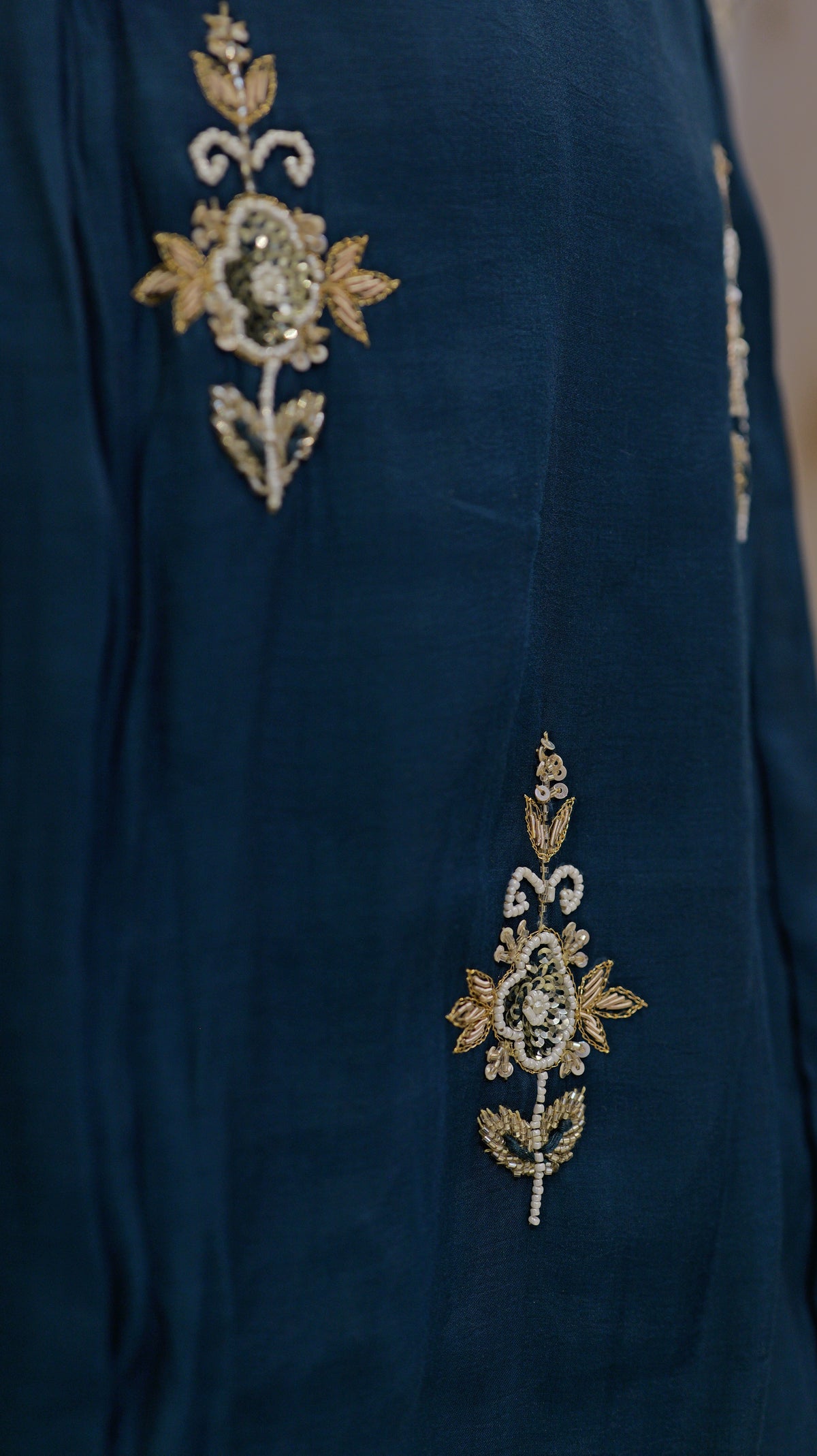 Blue Mul Chanderi Handwork A-line Kurti with Pant and Dupatta -HSC1296