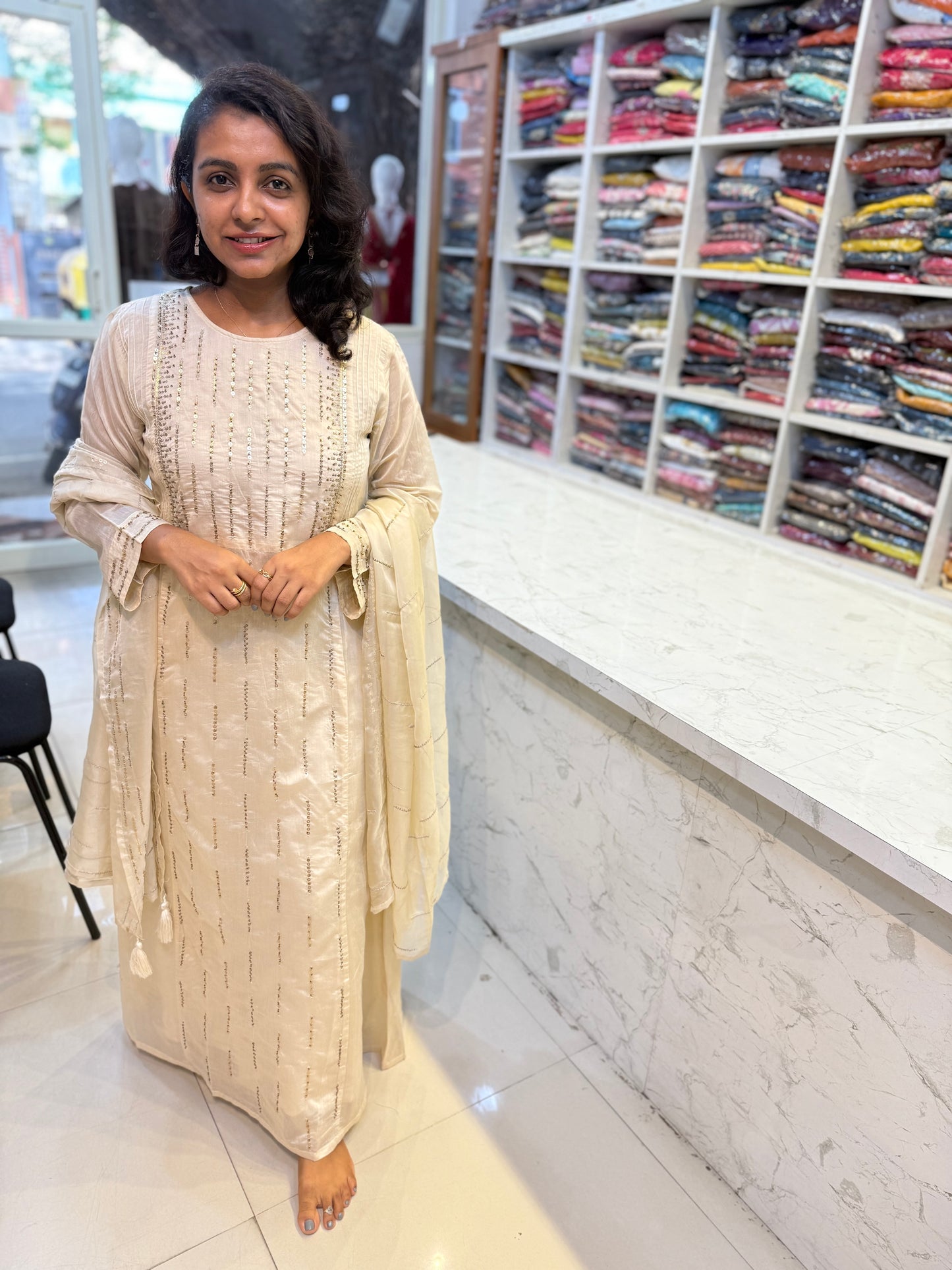 Beige Colour Long Gown with Pant And Dupatta