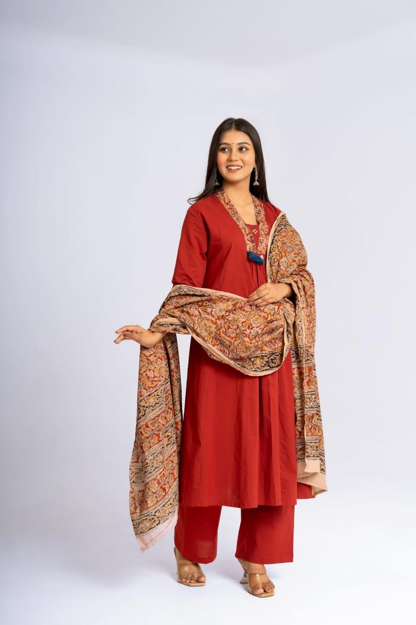 Kalamkari Pure Cotton A-line Kurti with Pant and Dupatta