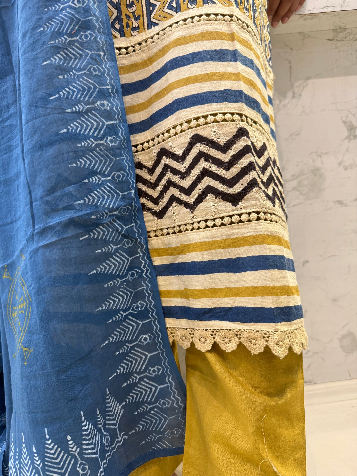 Mustard with Blue Block Printed Pure Cotton Kurti With Pant and Dupatta-HSC91