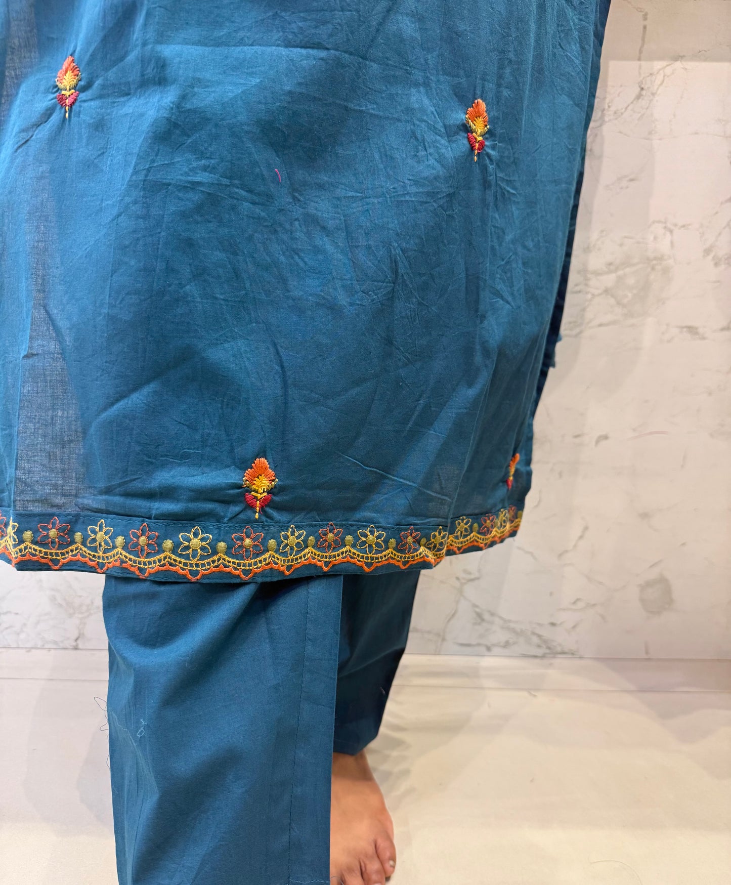 Blue Hand Embroidery Pure Cotton Kurti With Pant and Dupatta-HSC95