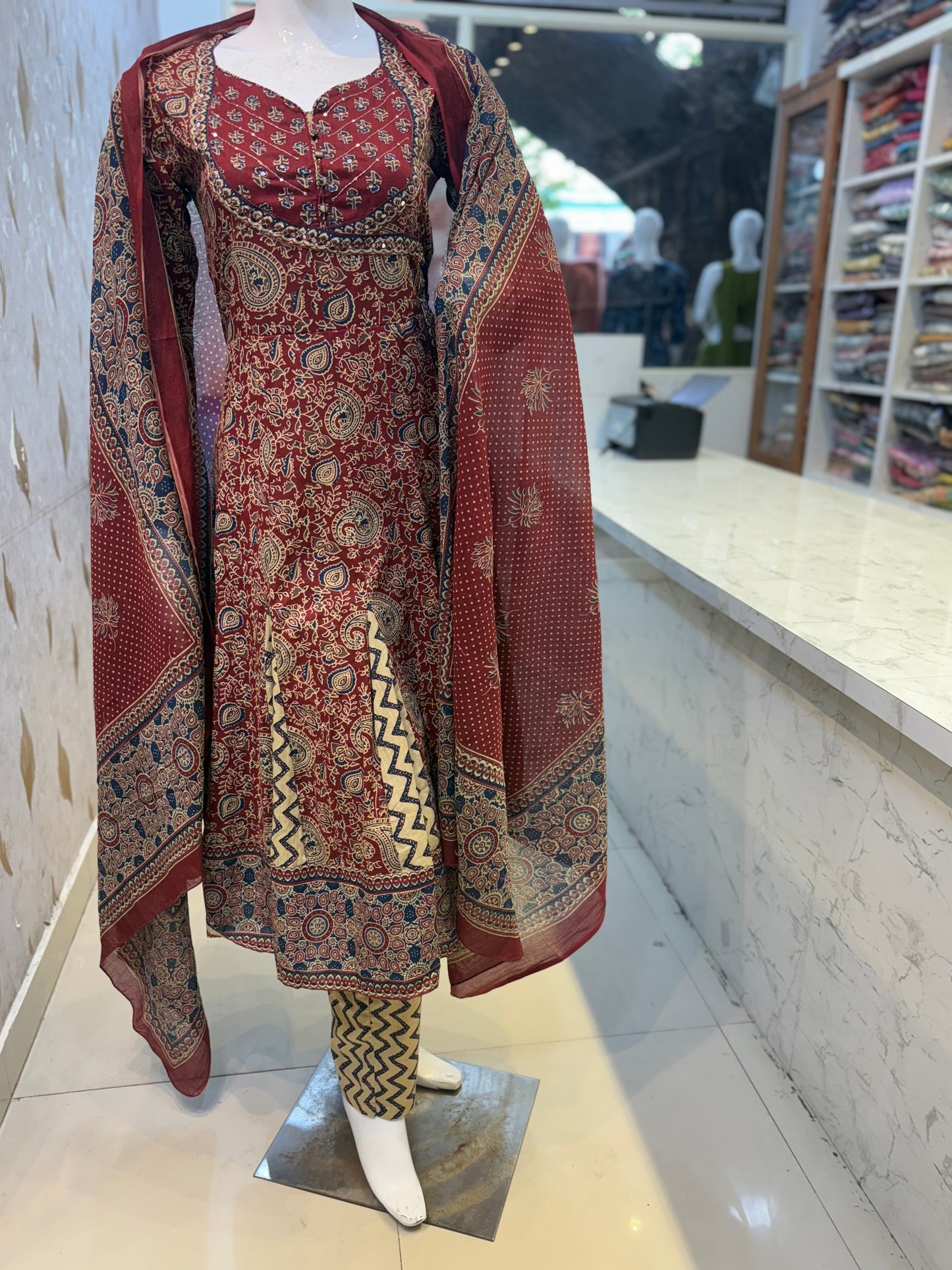 Blue and Marron Anarkali Cotton Salwar Set