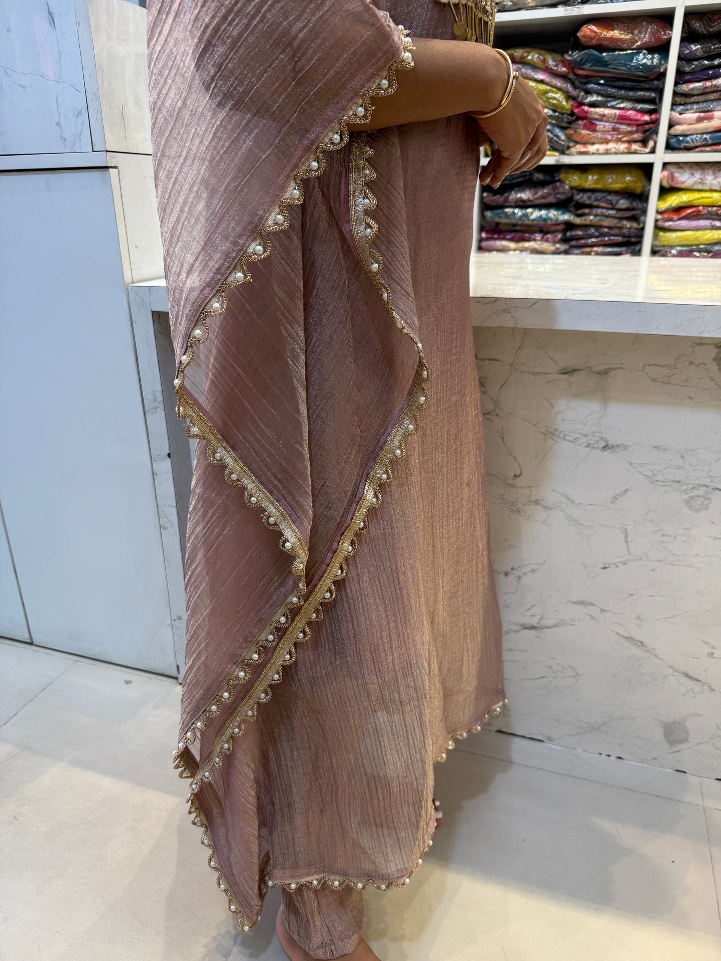 Shimmer Crush Hand Embroidery Kaftan Kurti With Pant-HSC158