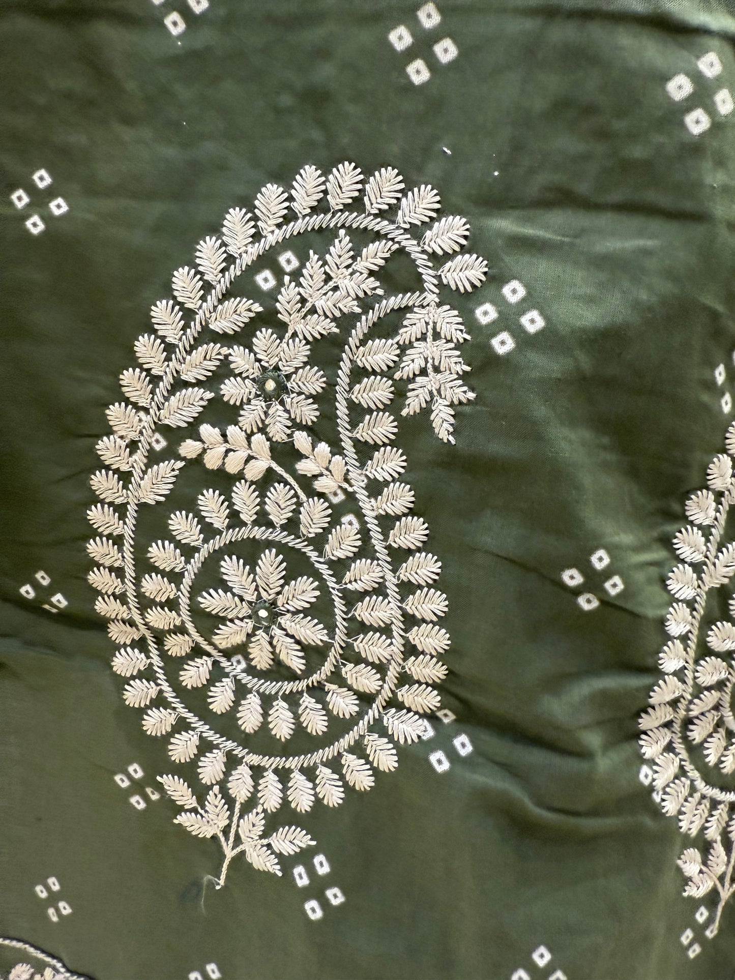 Olive Green Bandhani Cotton chikankari Kurti with Pant and Dupatta