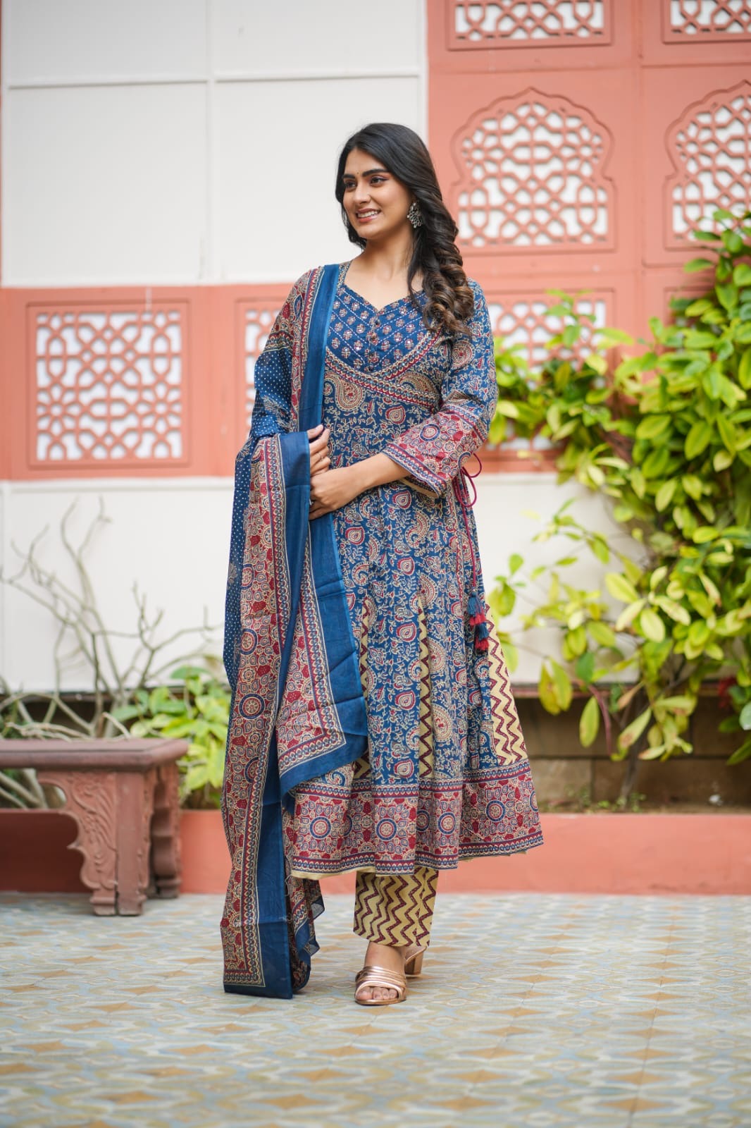 Blue and Marron Anarkali Cotton Salwar Set