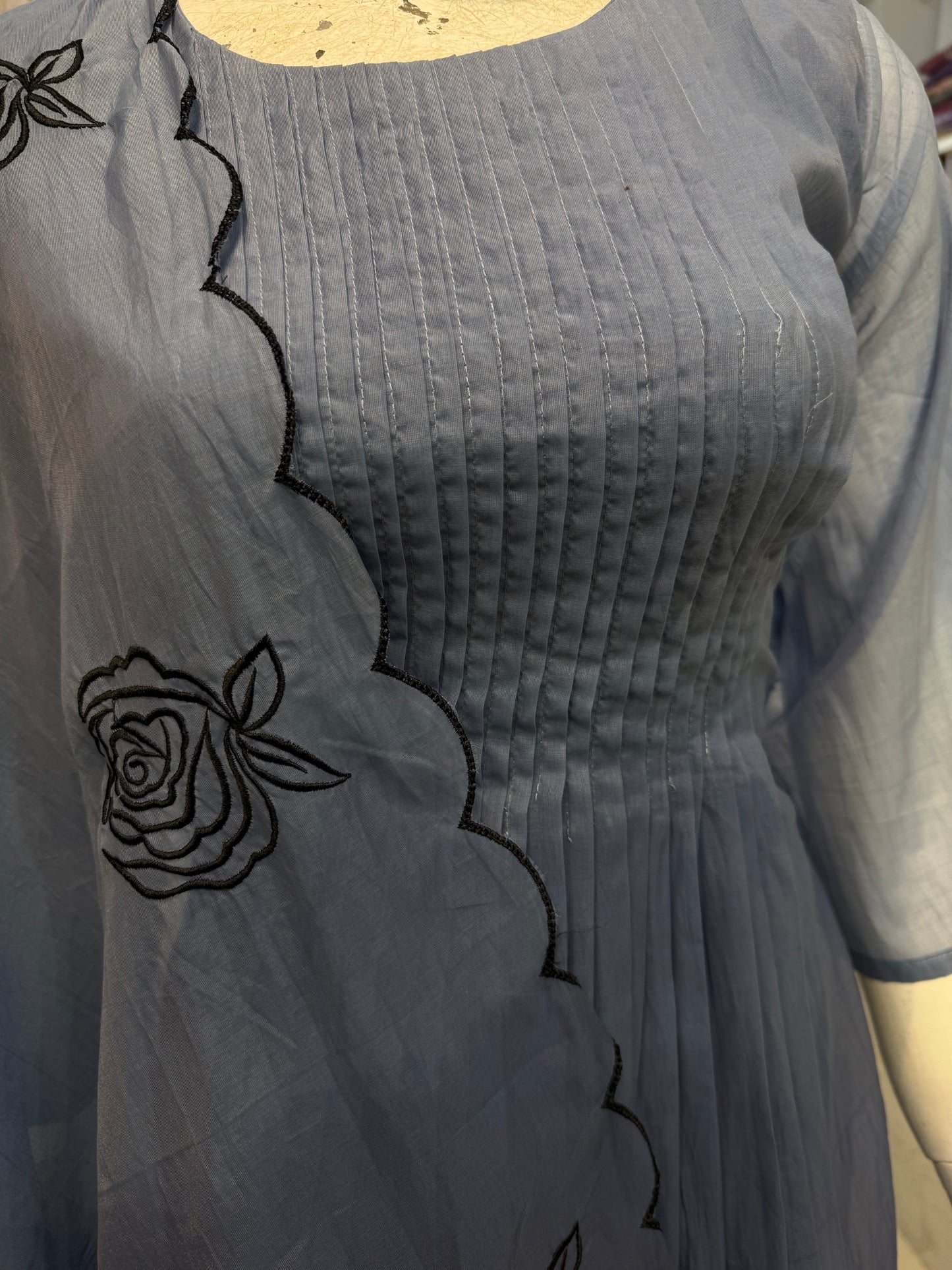Ombre Blue Pure Mul Chanderi A-line Kurti With Pant and Dupatta