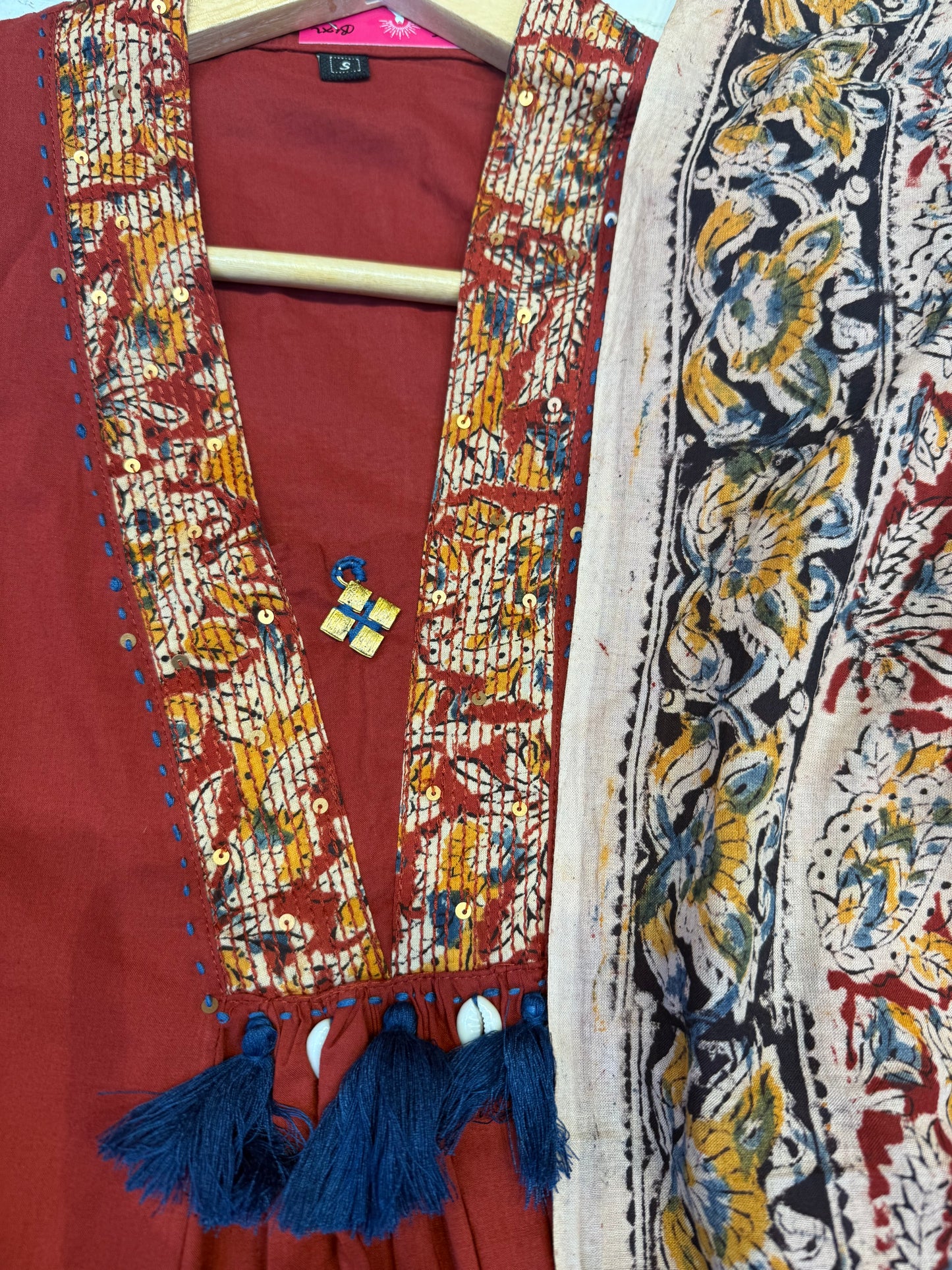 Kalamkari Pure Cotton A-line Kurti with Pant and Dupatta