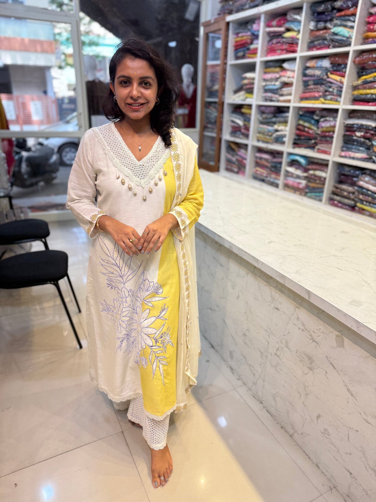 Shells Emboridery work Kurti With pant and Dupatta