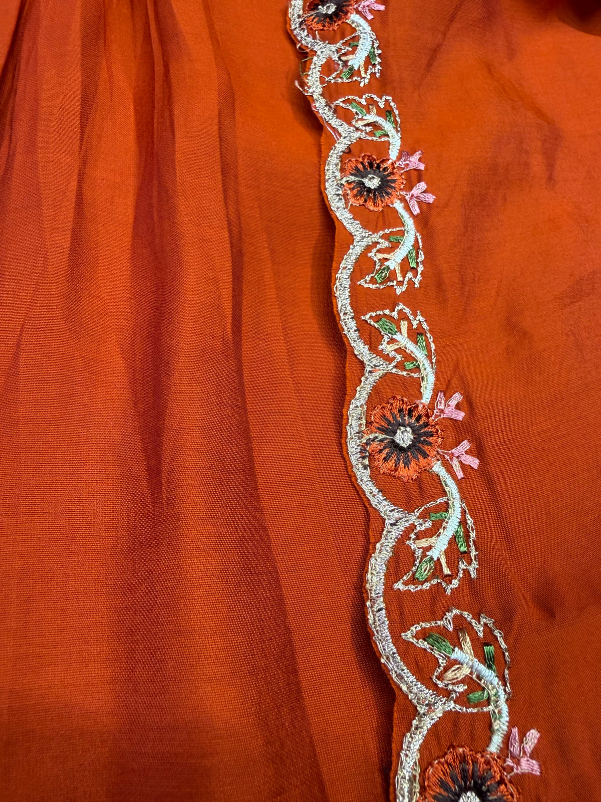 Rust Orange Embroidery Kurti With Pant and Scallop Dupatta -HSC1270
