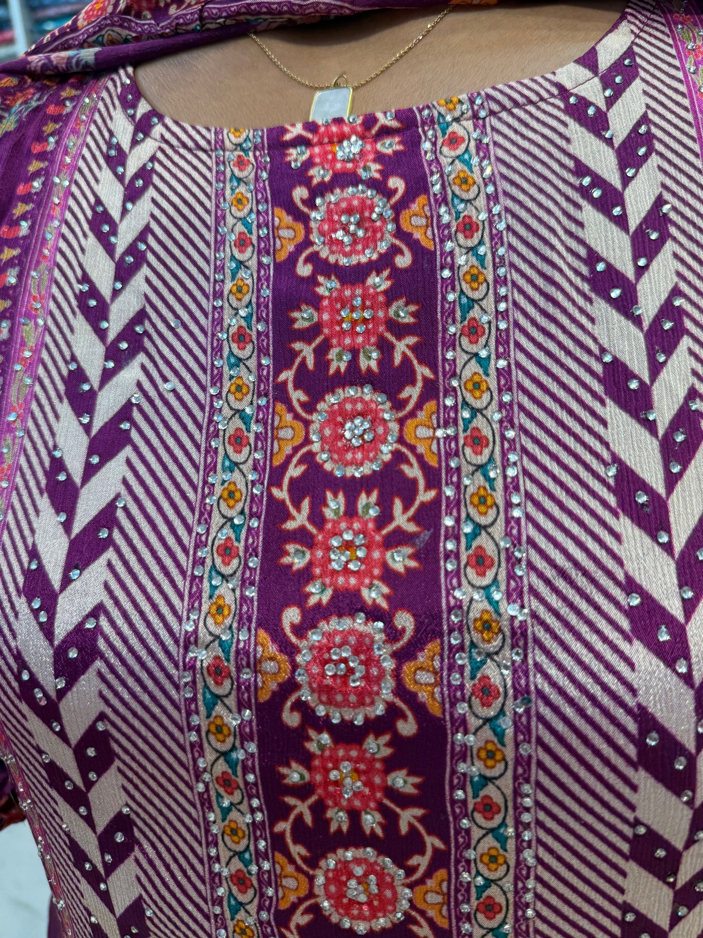 Purple Designer A-line Kurti With Pant and Dupatta-HSC46