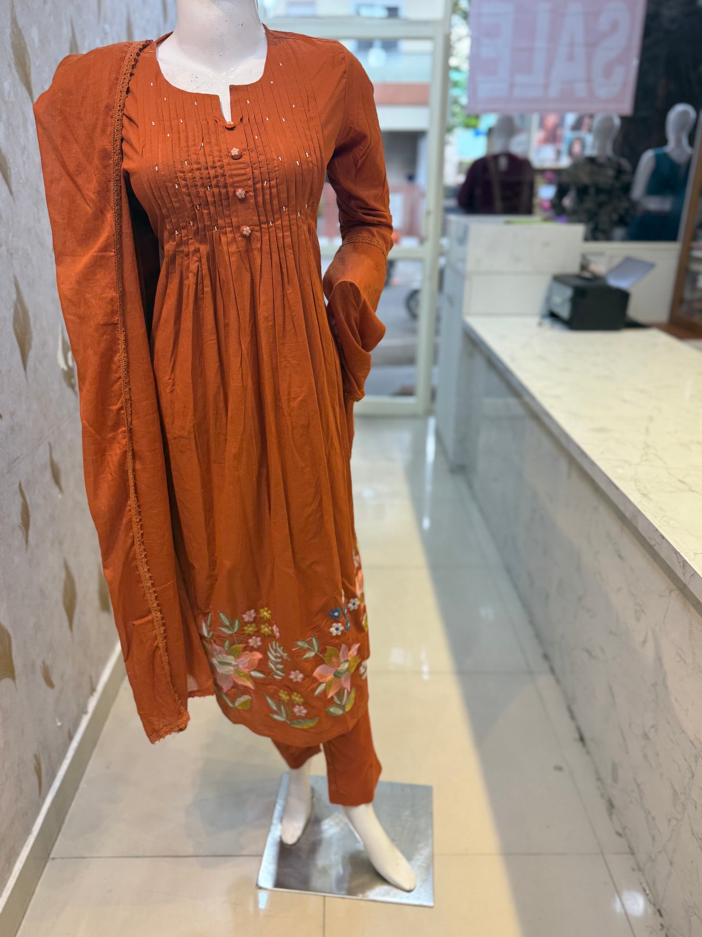 Mul Cotton Embroidery A-line Kurti With Pant And Dupatta