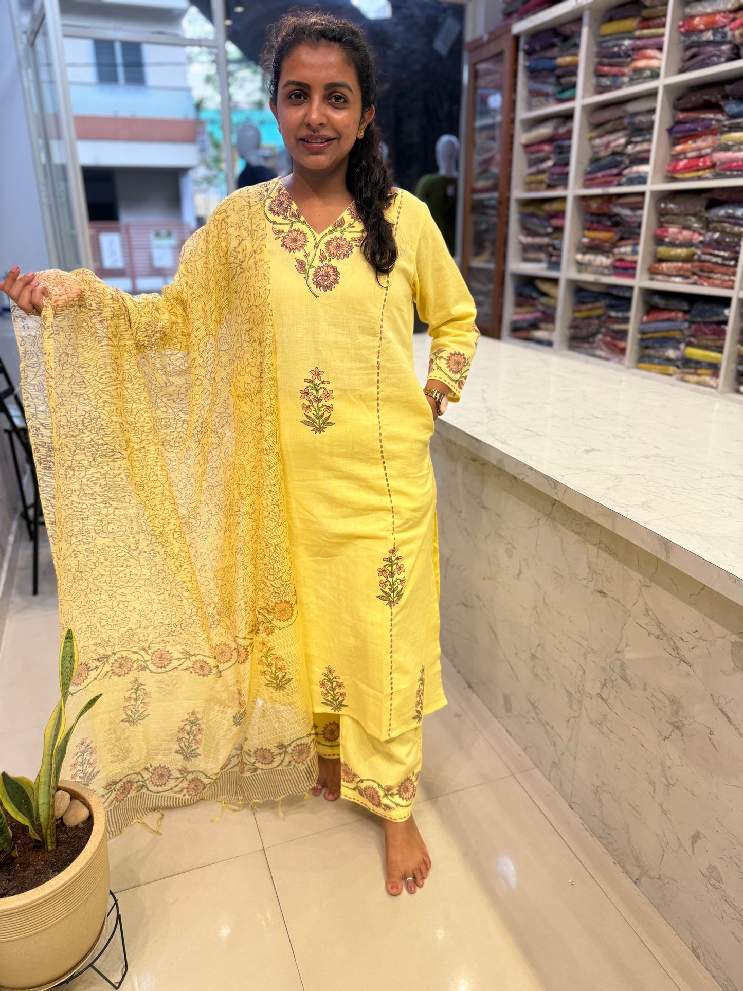 Lemon Yellow Pure Cotton Flex Embroidery Kurti With Pant and Dupatta - HSC1159