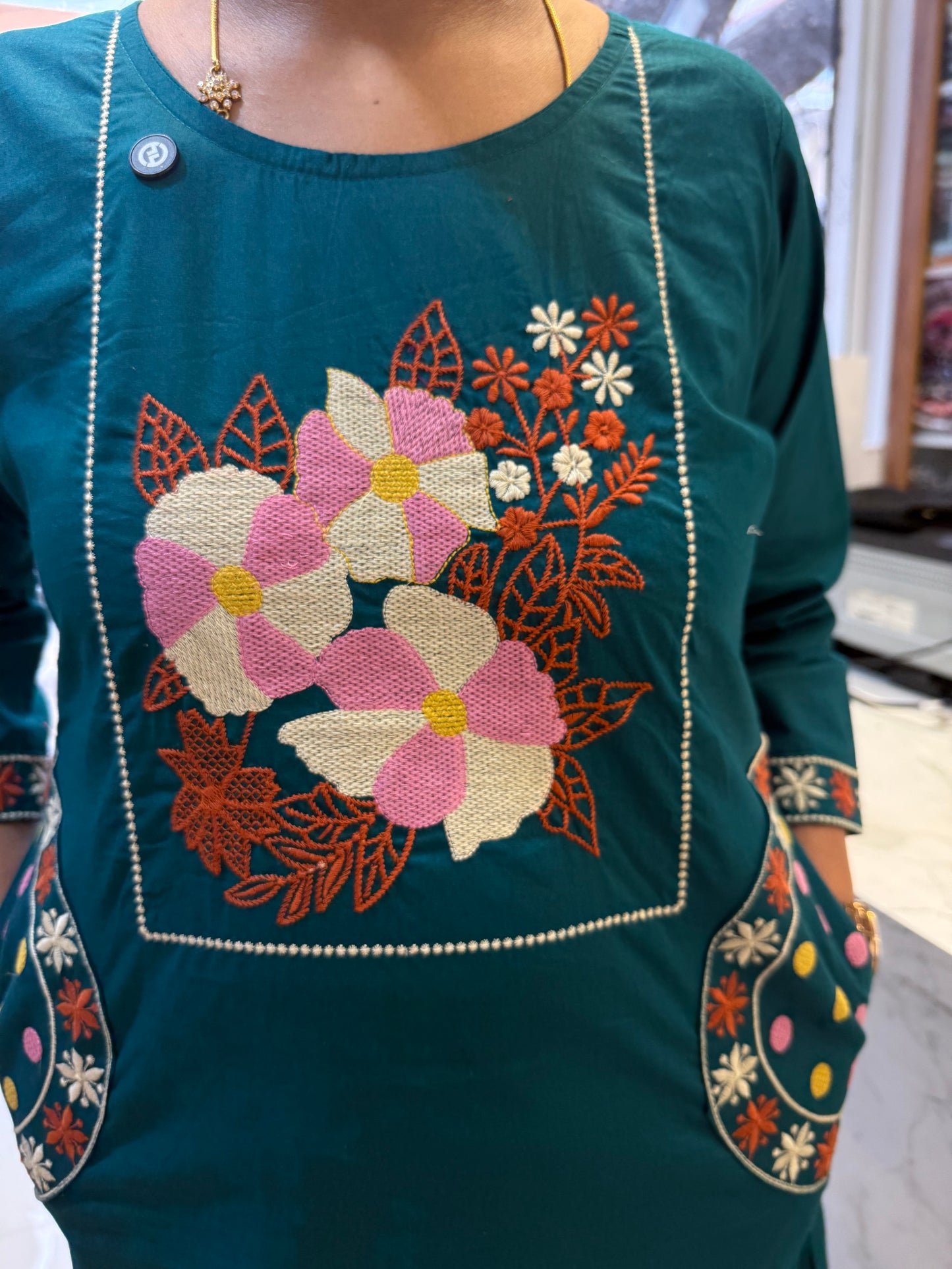 Teal Blue Two sides Pockets Embroidery Kurti With Pant