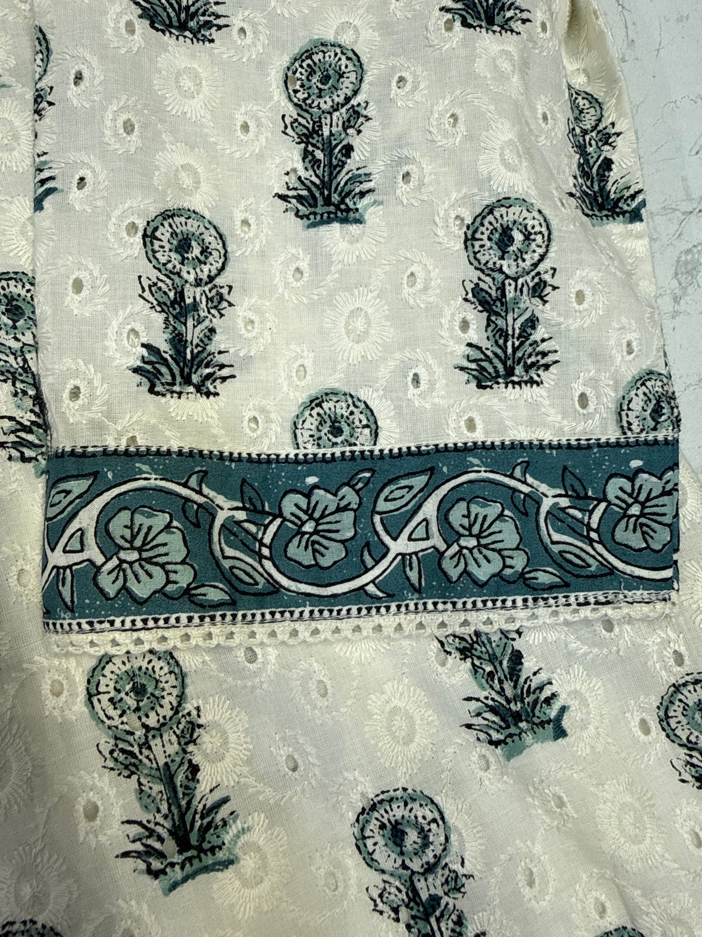 Half white Floral Pure Cotton Embroidery Hakoba Kurti With Pant and Dupatta