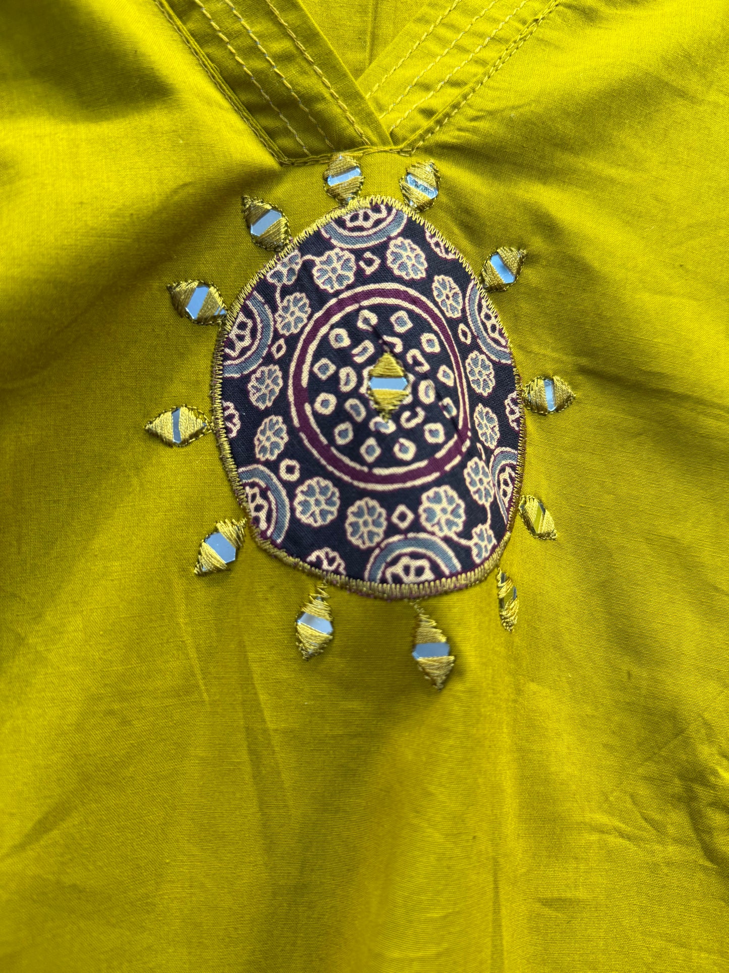 Mustard Applique Cotton Kurti With Pant and Dupatta-HSC126