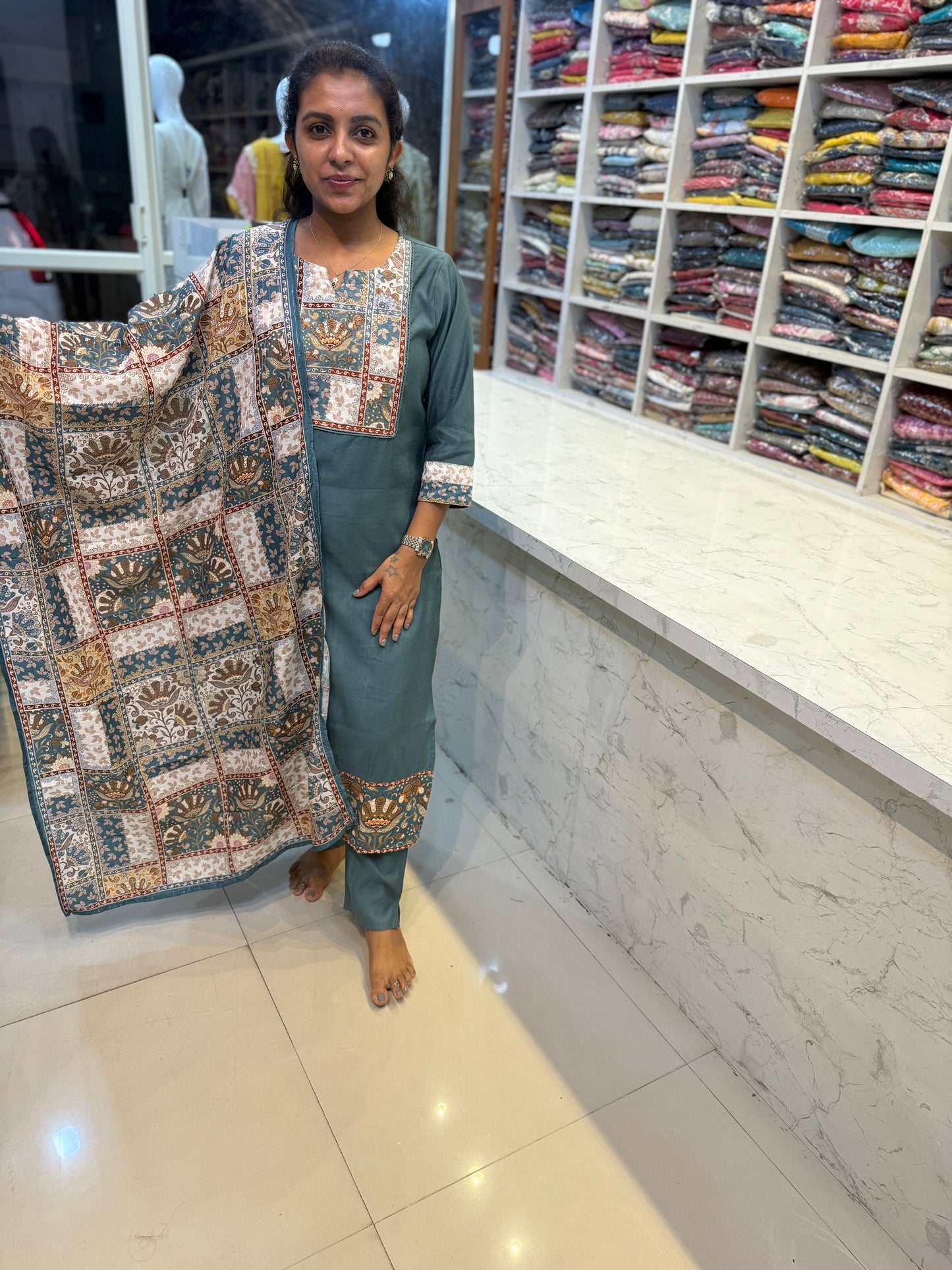 Simple Green Kurti with Printed Dupatta and Pant
